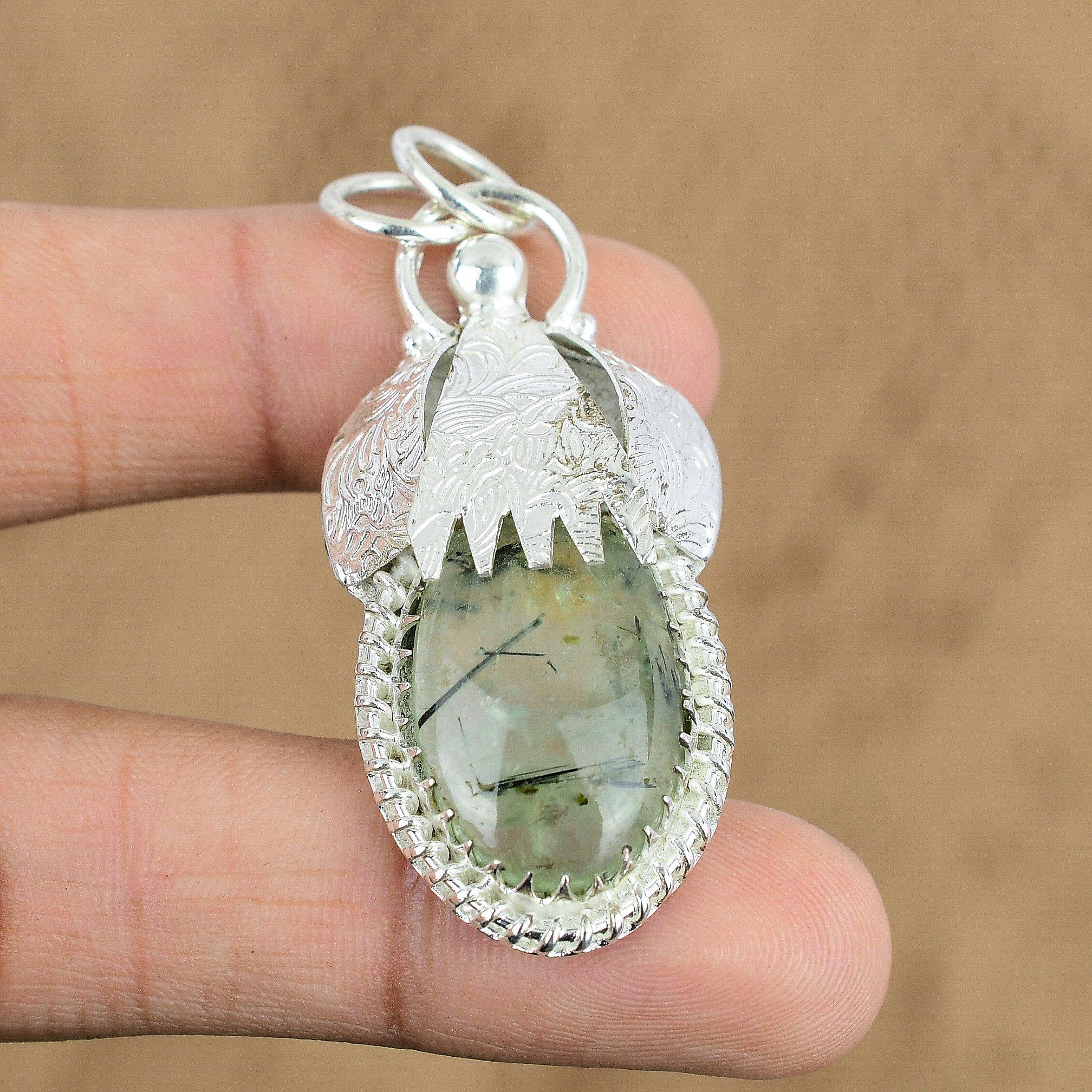 Womens Day Sale Oval Natural Moss Prehnite Sterling Silver Wife Pendant Jewelry