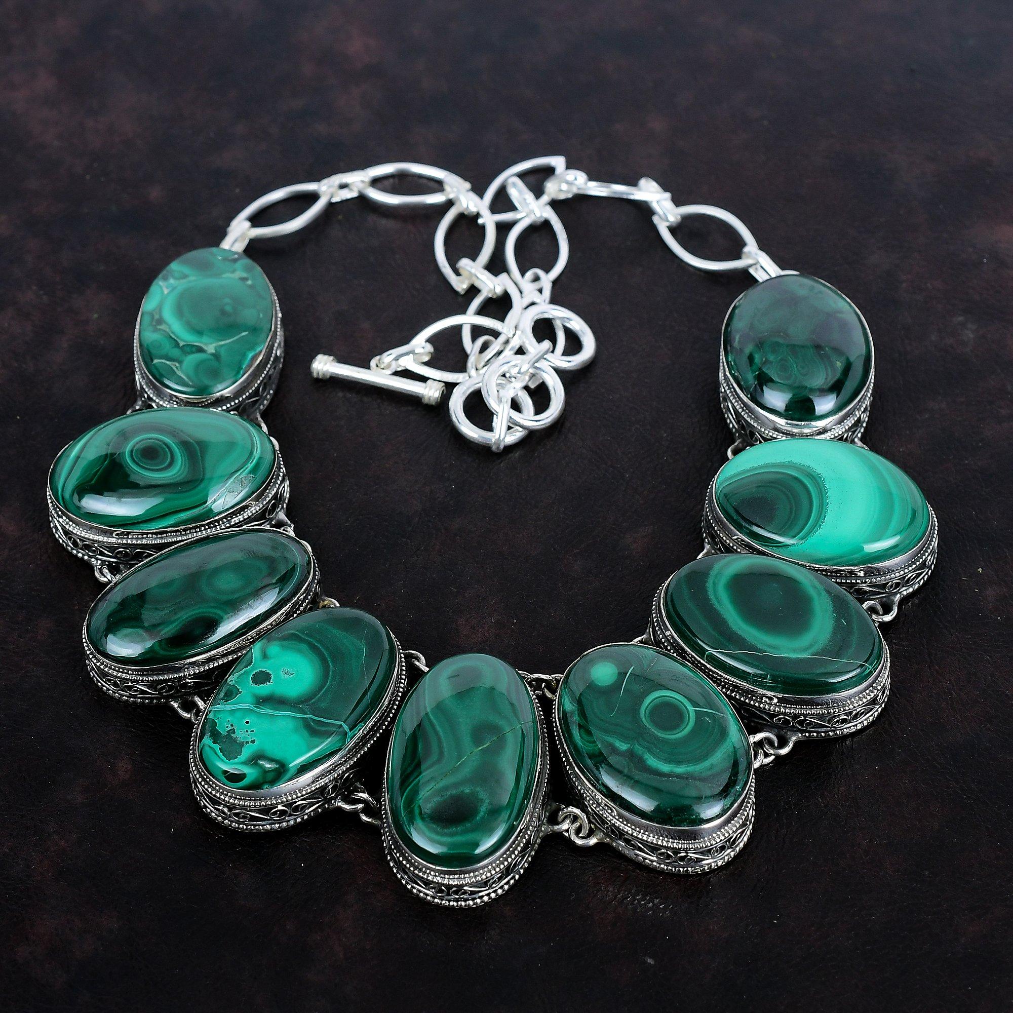 Malachite Necklace Genuine Gemstone Jewelry Vintage Necklace 925 Sterling Silver Necklace Handmade Adjustable Chain Necklace Gifts For Women