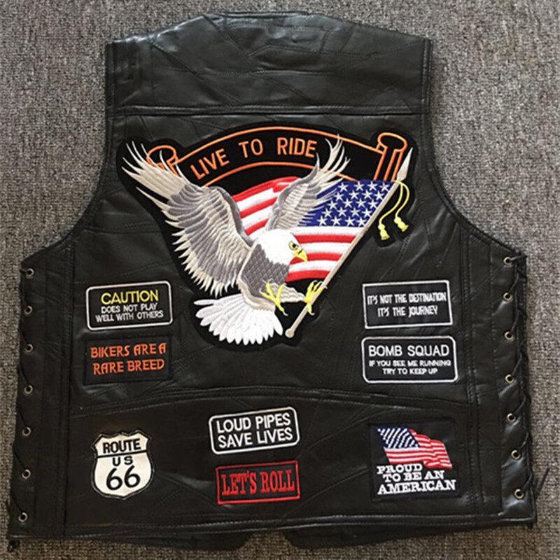 Классическая кожаная куртка, мужской мотоциклетный жилет из овчины, жилет на плечах + 14 значков с вышивкой