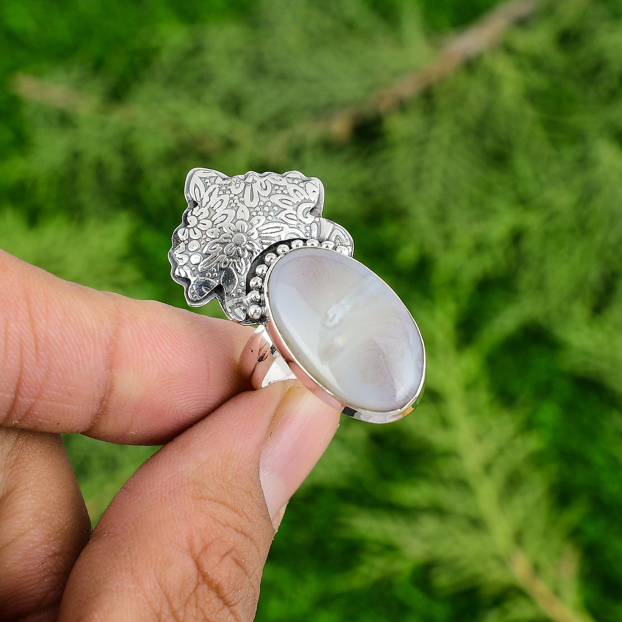 Oval Botswana Agate Gemstone Sterling Silver Promise Ethnic Wife Ring Jewelry