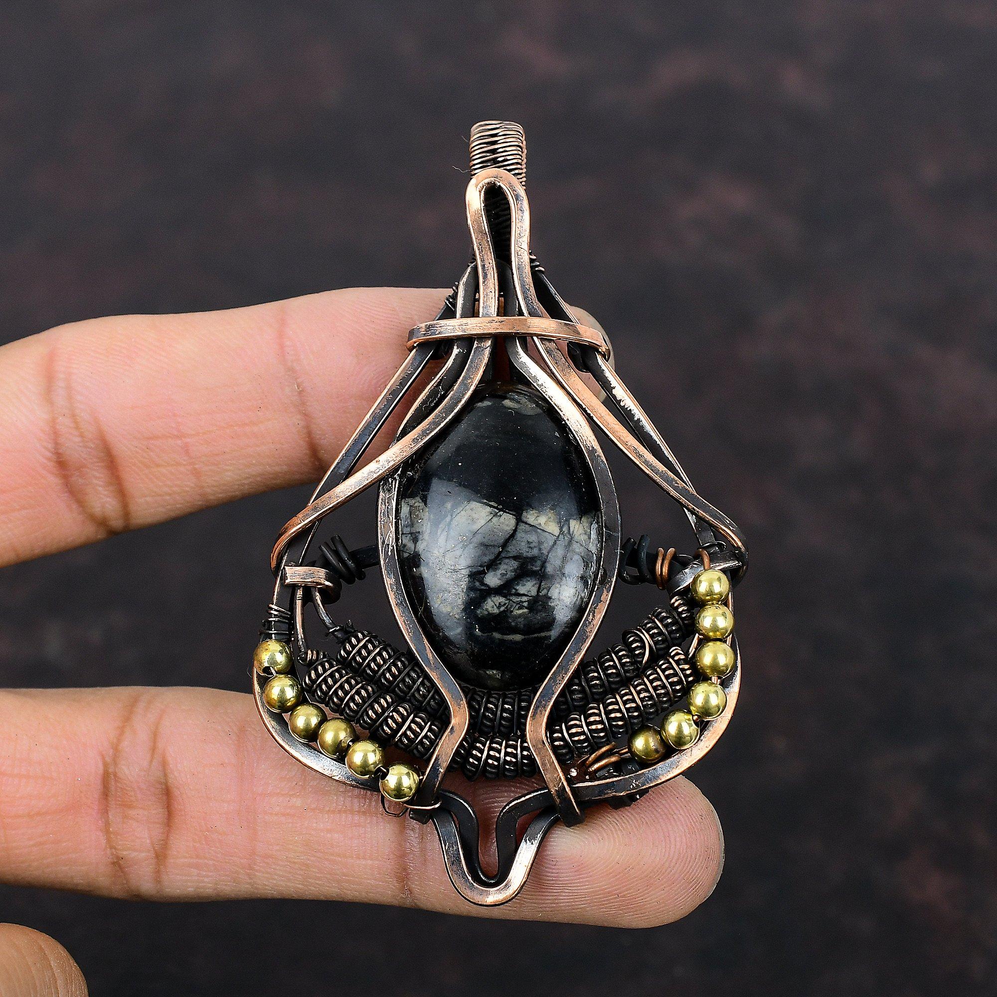 Подвеска из яшмы Пикассо, обернутая медной проволокой, подвеска из драгоценного камня, ювелирное изделие из медной проволоки, кулон ручной работы из яшмы Пикассо, ювелирное изделие в подарок для него