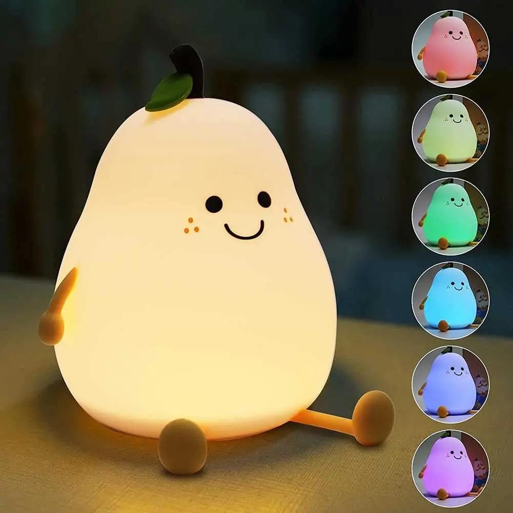 Night Lights for Kids Pear Shaped Cute Silicone Nightlight 7 Colors Dimmable Lamp USB Charging for Bedroom Bedside Room