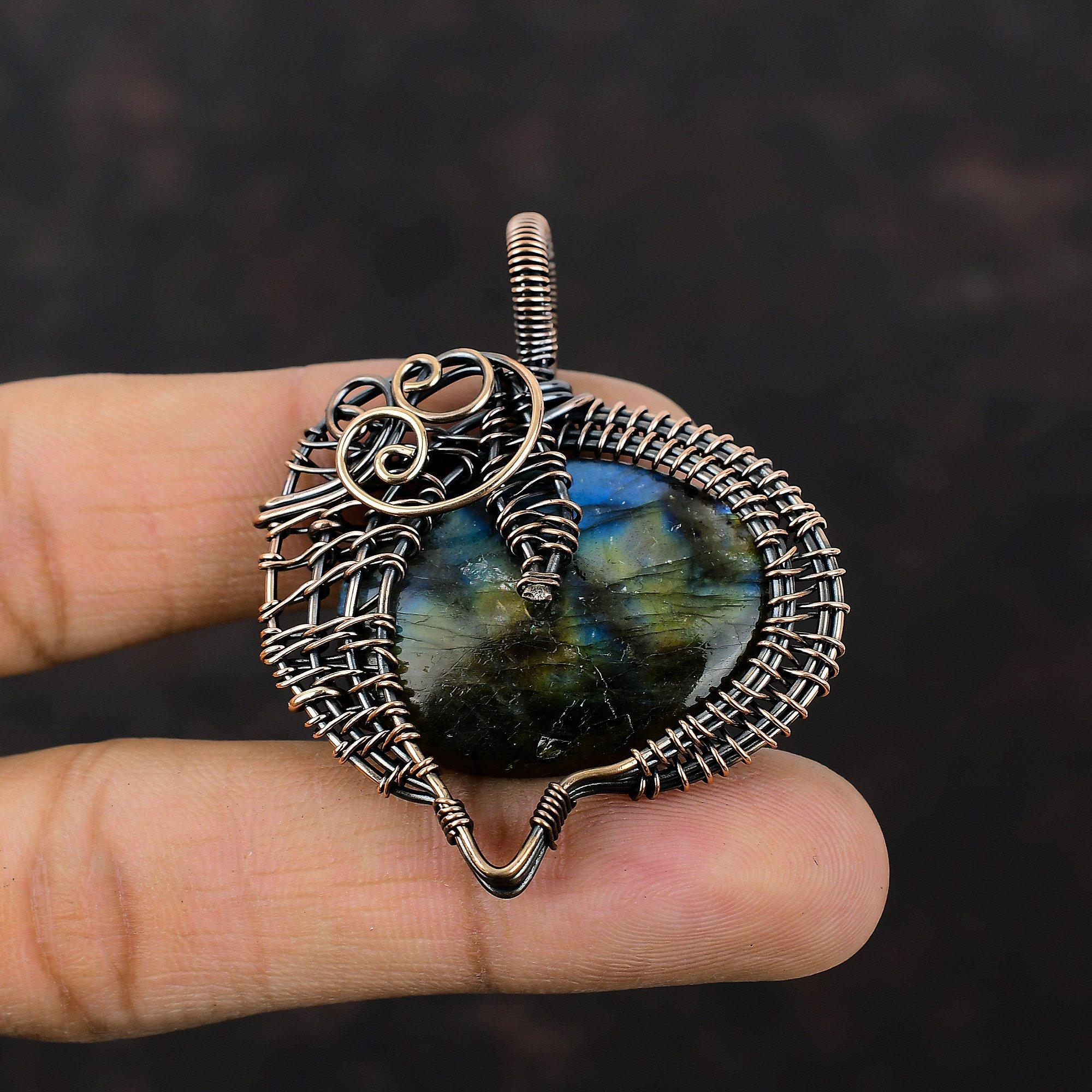Подвеска из лабрадорита, подвеска из медной проволоки, дизайнерская подвеска из драгоценных камней, подвеска из медной проволоки, ювелирное украшение в подарок жене, подвеска из камня по дате рождения ручной работы