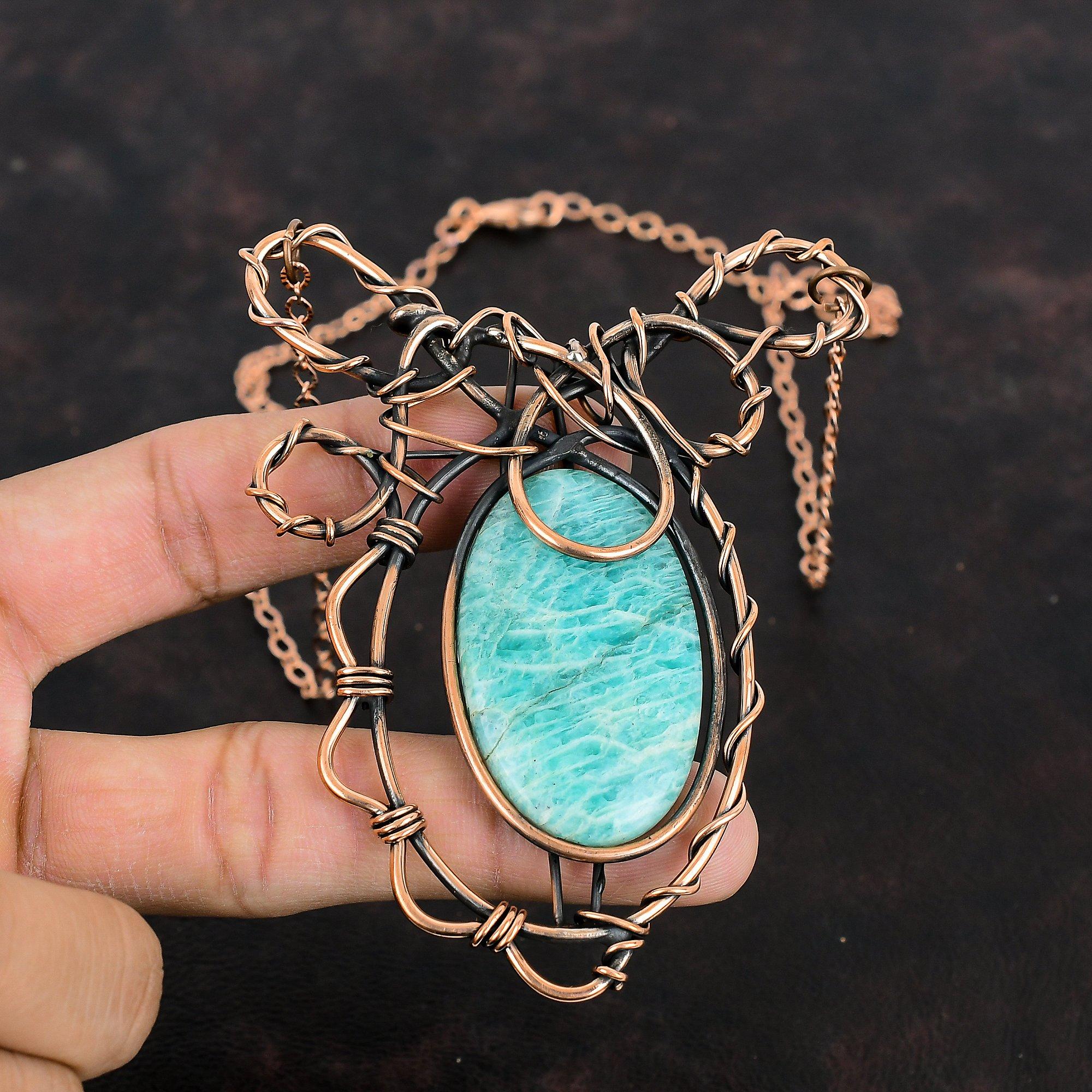Amazonite Necklace Copper Wire Wrapped Adjustable Chain Necklace Gemstone Copper Jewelry Handmade Necklace Wire Wrapped Jewelry Gift For Mom