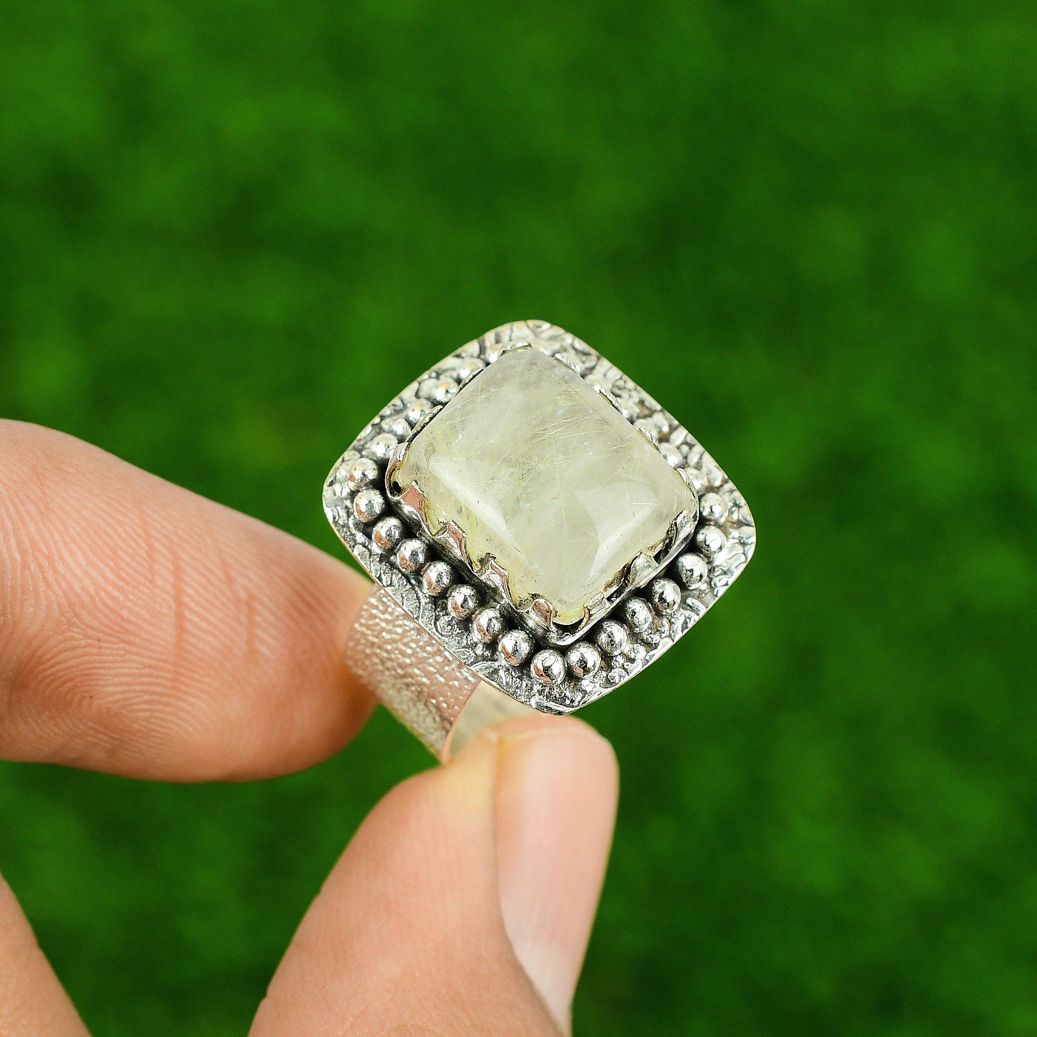 Golden Rutile Stone Promise Elegant Solitaire Ethnic Ring Sterling Silver US 9.5