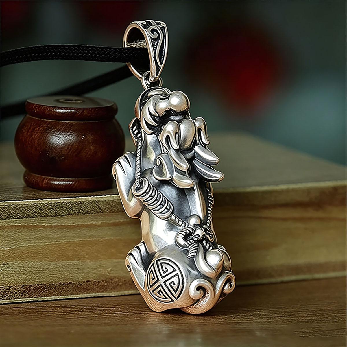 Silver Ruyi Pixiu Pendant, Unisex Braided Rope Necklace, Pikachu Sweater Chain Pendant, Vintage Ethnic Style Wear Accessory