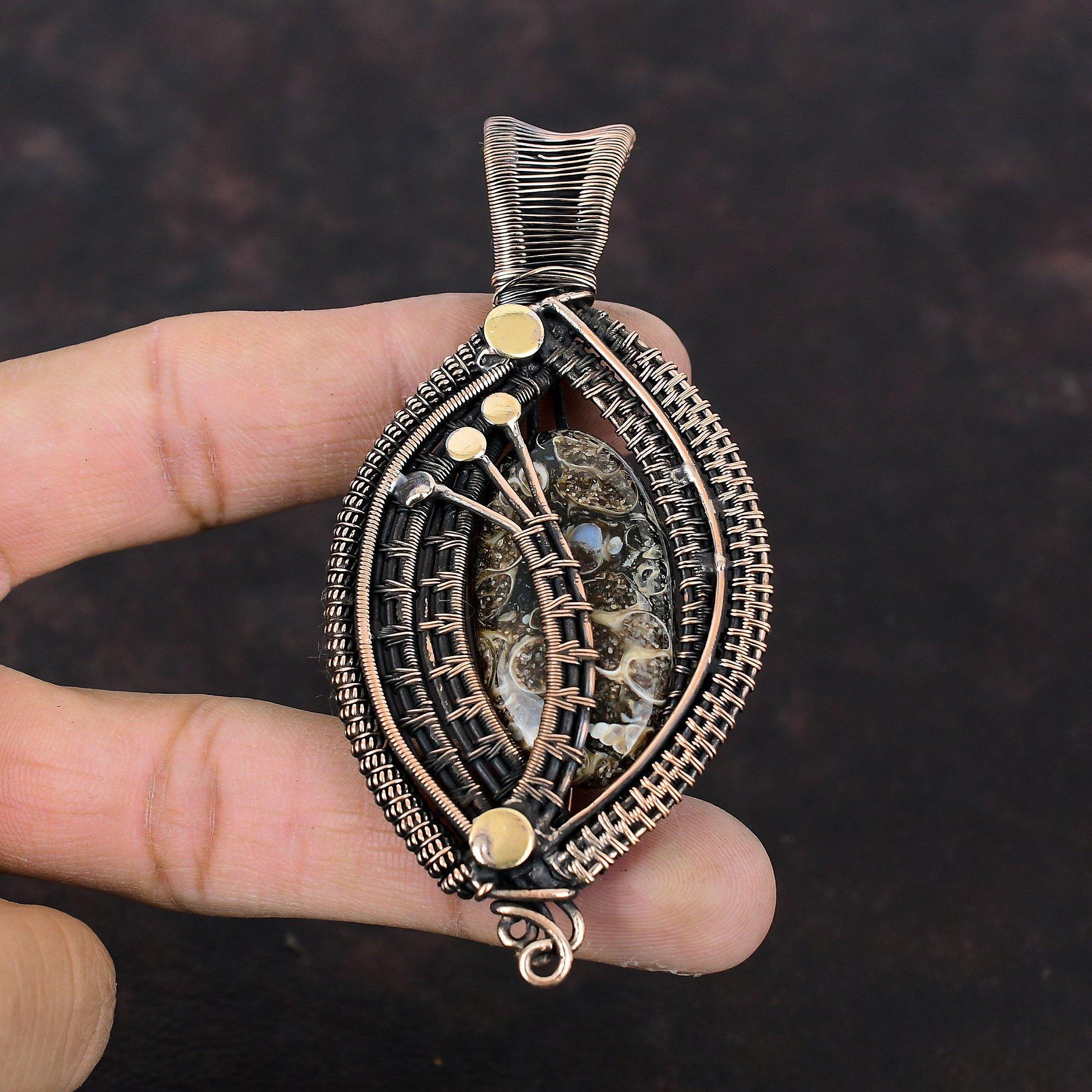 Подвеска из агата Turritella, обернутая медной проволокой, подвеска из драгоценного камня, ювелирные изделия из агата Turritella, подвеска ручной работы для подарка, ювелирные изделия из медной проволоки