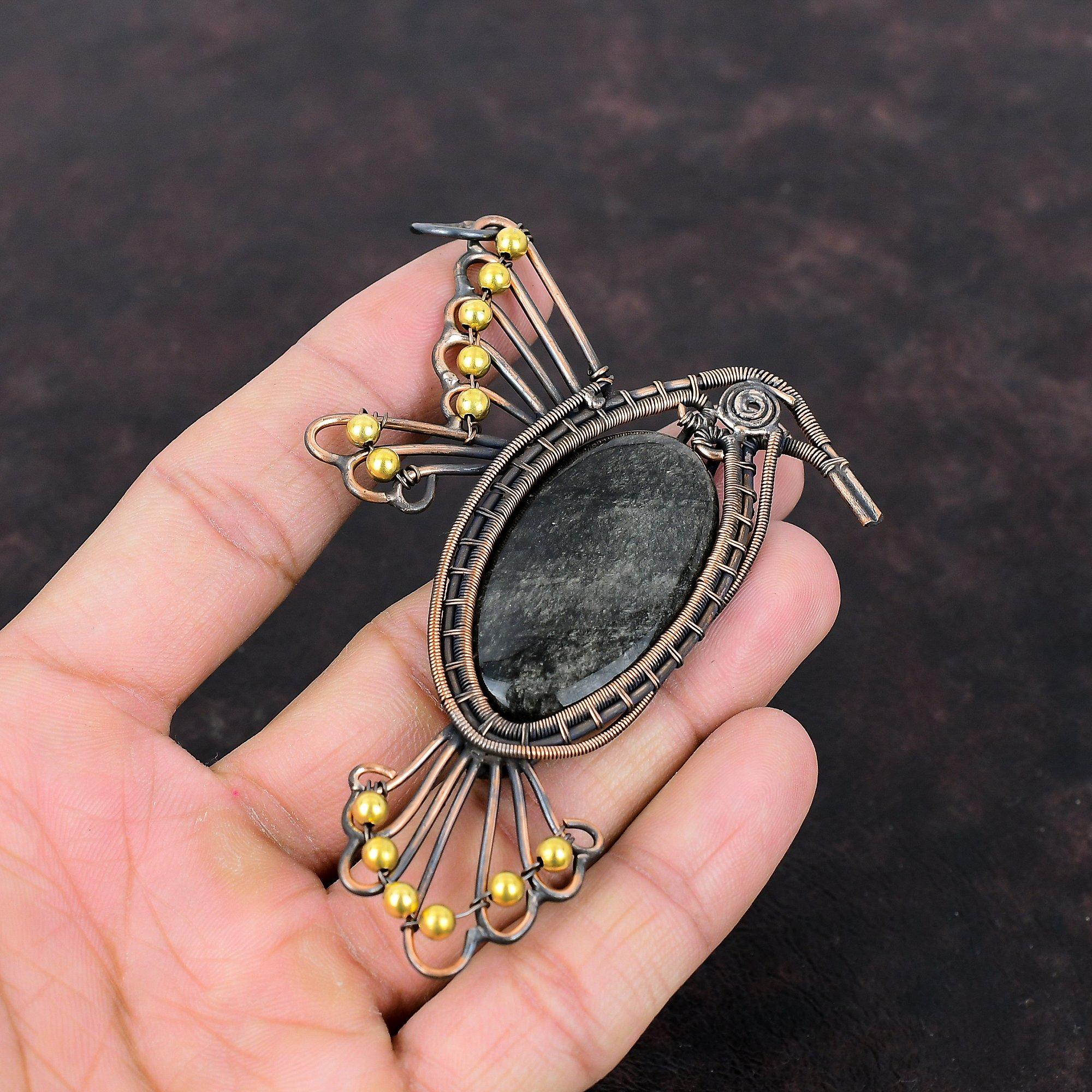 Серебряный блеск обсидиановый кулон Медная проволока Кулон ручной работы Подвеска из настоящего драгоценного камня Птица Кулон Медная проволока Ювелирный подарок для него