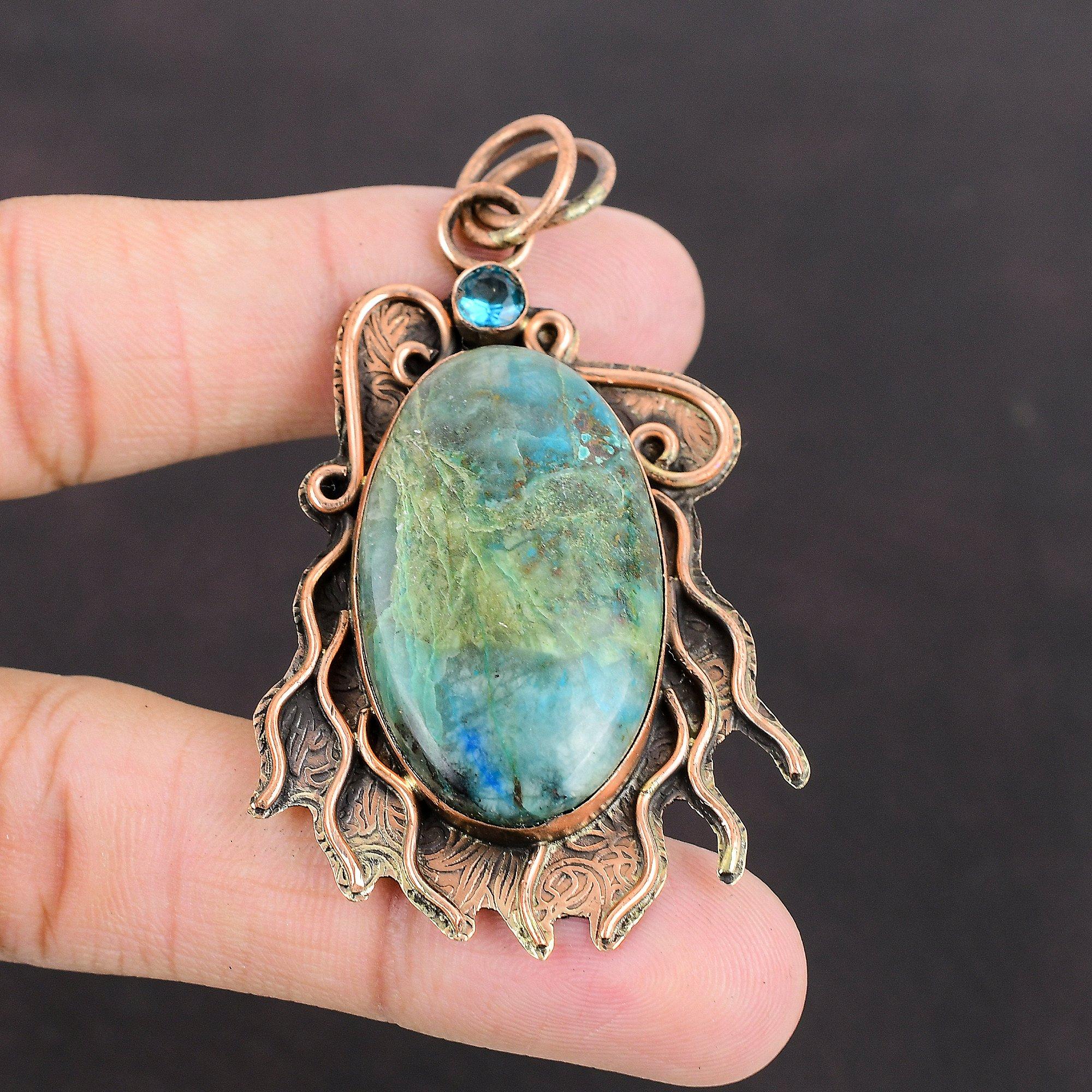 Chrysocolla Pendant Copper Gemstone Pendant Real Swiss Blue Topaz Pendant Copper Jewelry Healing Stone Pendant Gift For Her Handmade Pendant