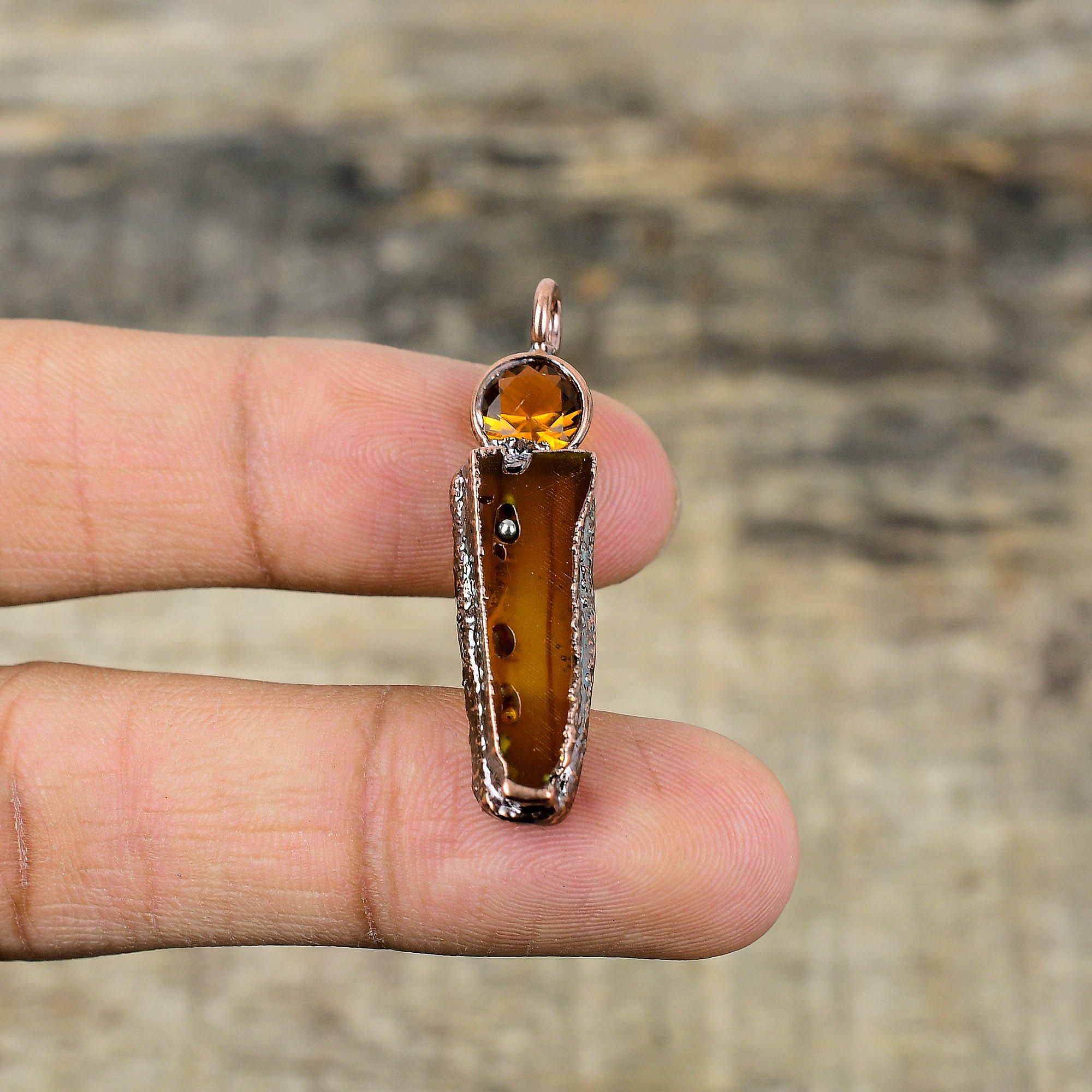 Кулон с агатом Монтана, медный кулон, изготовленный гальваническим способом, кулон с цитрином, кулон с драгоценным камнем ручной работы, ювелирные изделия из гальванической меди, подарки на годовщину