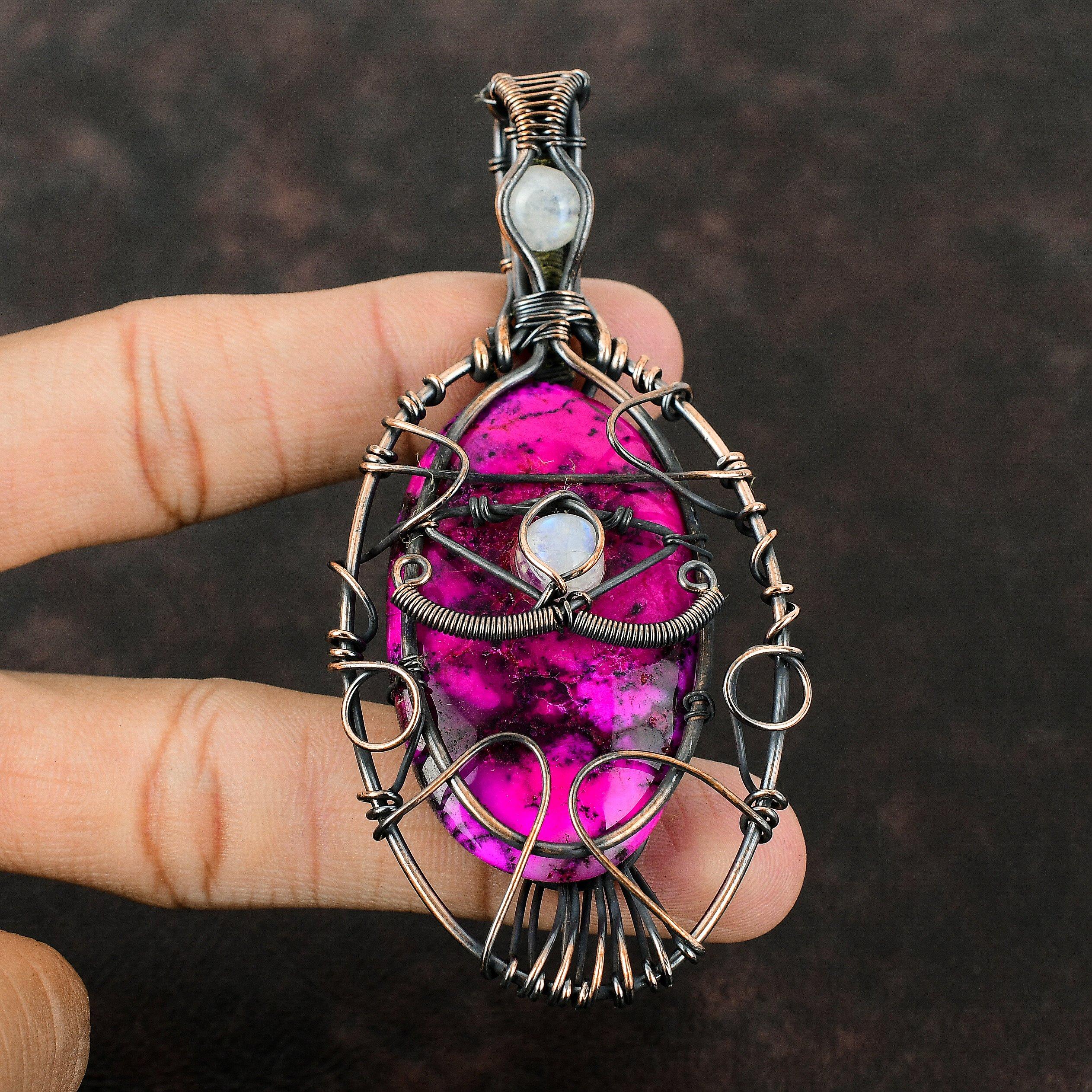 Подвеска с розовым дендритом и опалом от сглаза, подвеска из медной проволоки, ювелирные изделия ручной работы, медная подвеска для подарка, подвеска из драгоценного камня, ювелирные изделия из лунного камня