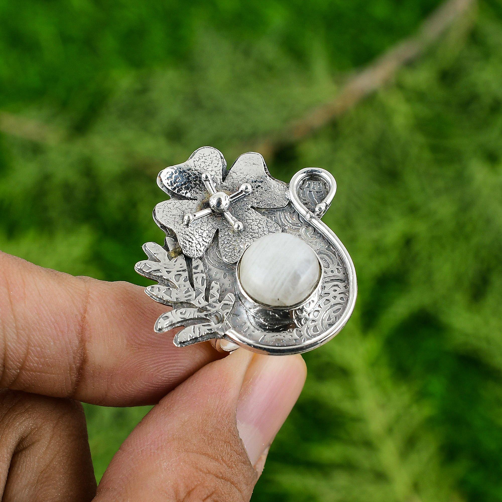 Natural Rainbow Moonstone Stackable Flower Adjustable Ring 925 Silver For Women