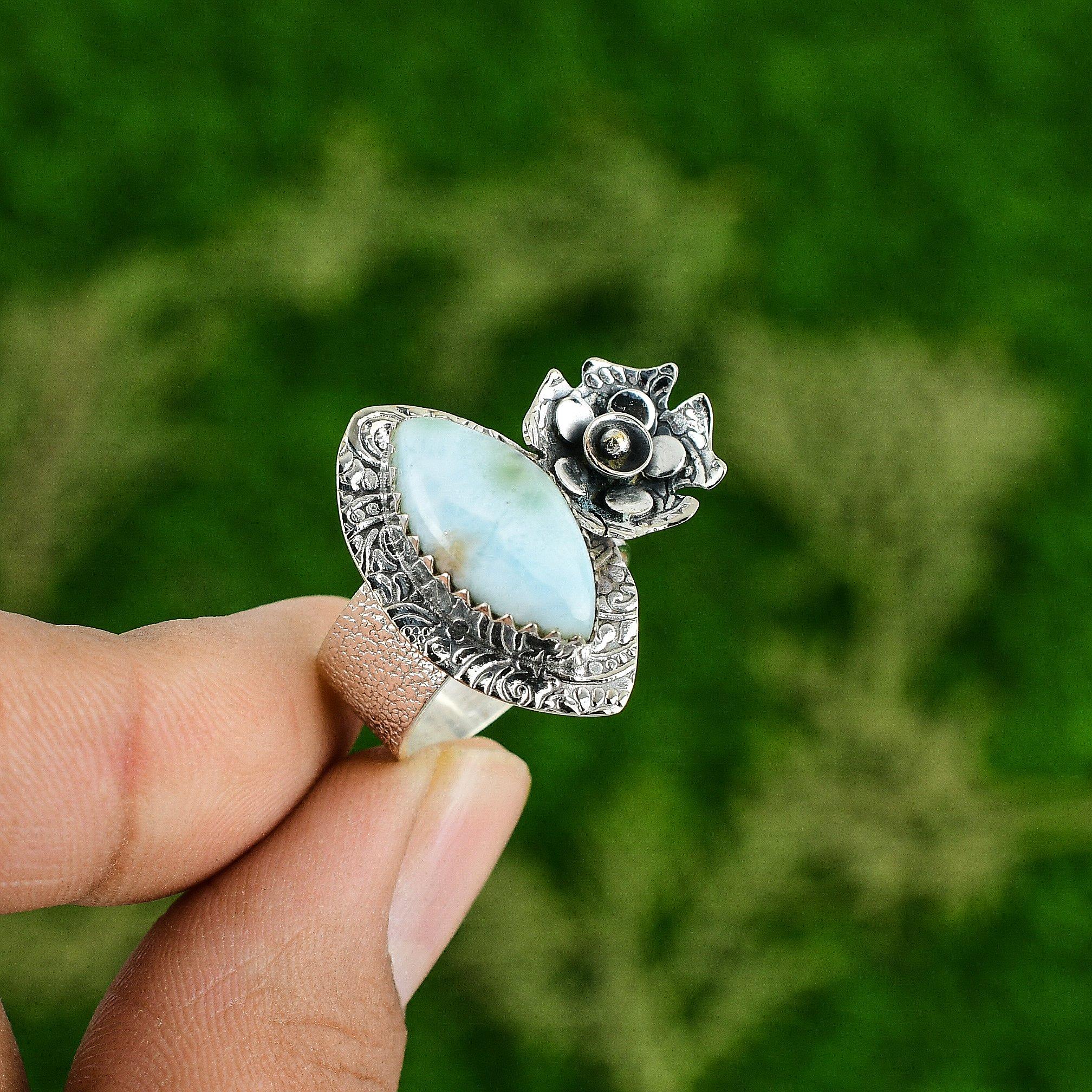 Свадебный подарок для нее Серебро 925 пробы Натуральный ларимар Кольцо-цветок с несколькими камнями Размер 8