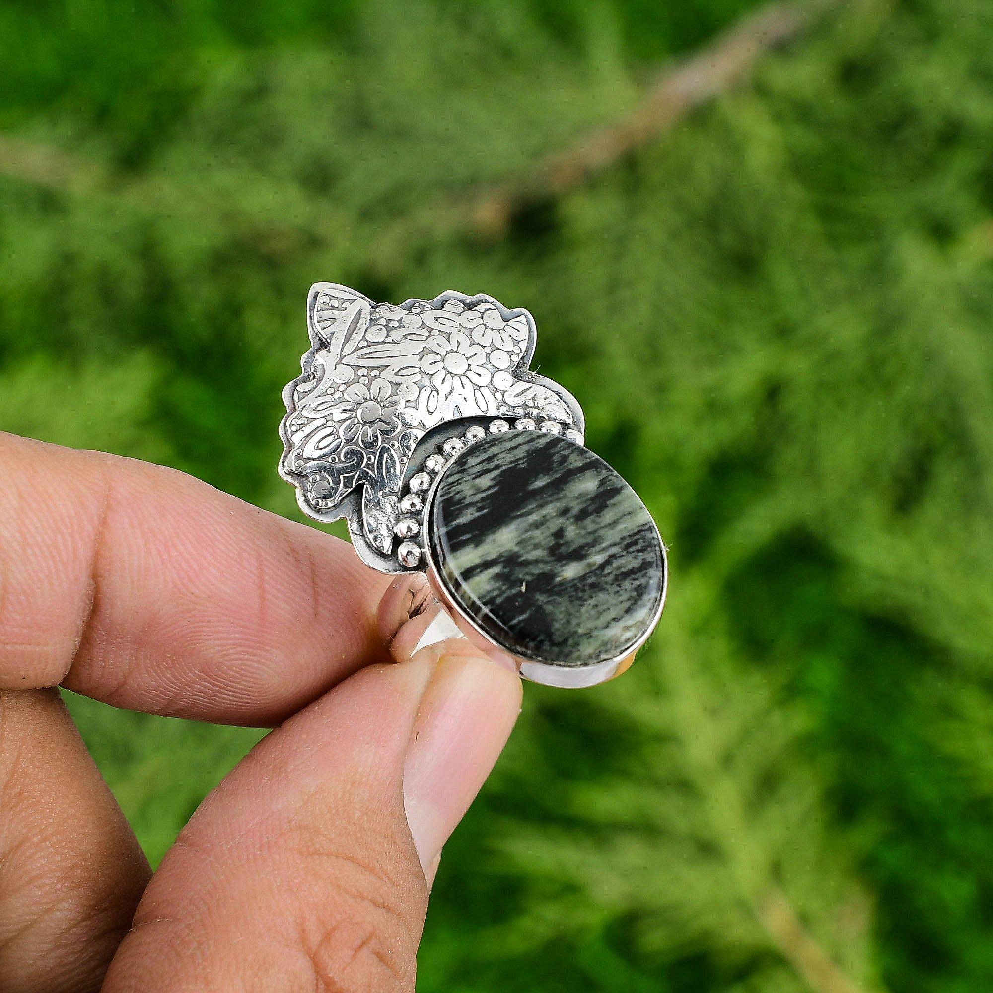 Oval Silver Leaf Jasper Gemstone Bezel Boho Stackable Engagement Ring 925 Silver