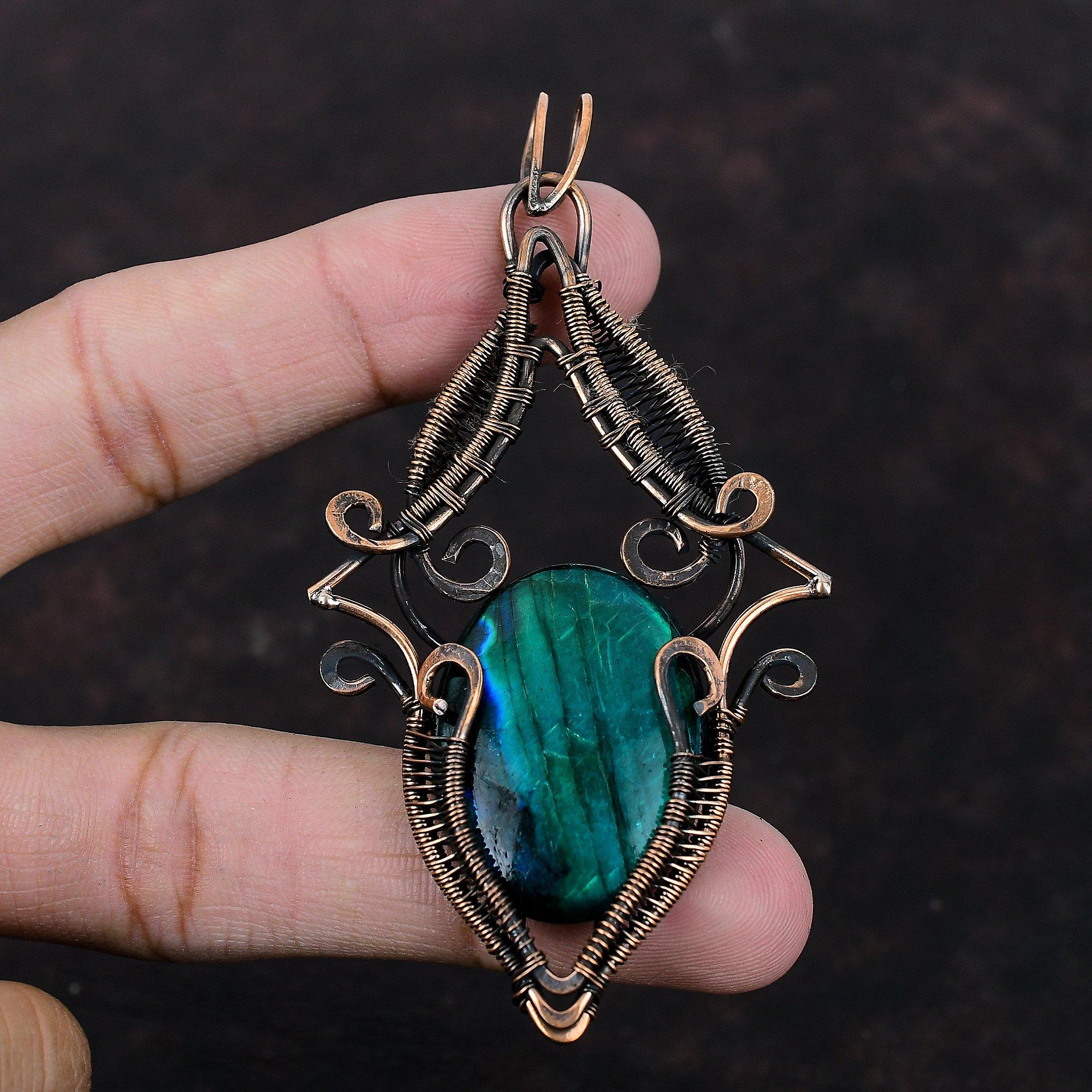 Кулон Лабрадорит Неон Флеш Кулон, обернутый медной проволокой Стильный кулон Уникальные украшения из медной проволоки Кулон из драгоценного камня ручной работы Подарок для мамы