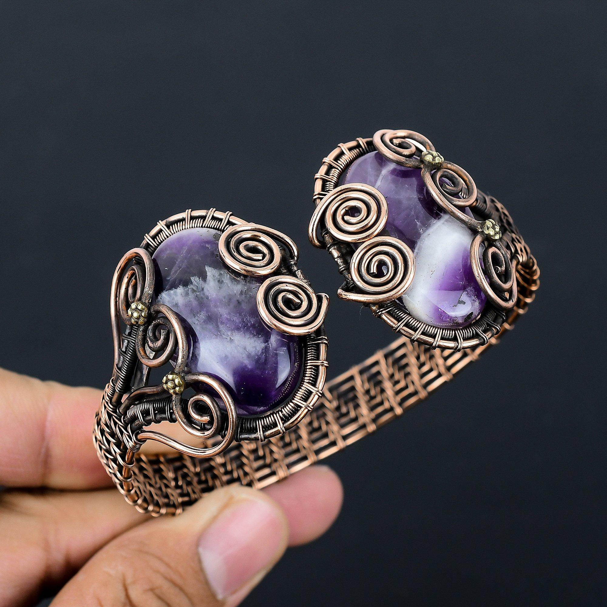 Элегантный аметист, драгоценный камень, чистая медная проволока, завернутая в манжеты/браслет ручной работы, регулируемые ювелирные изделия