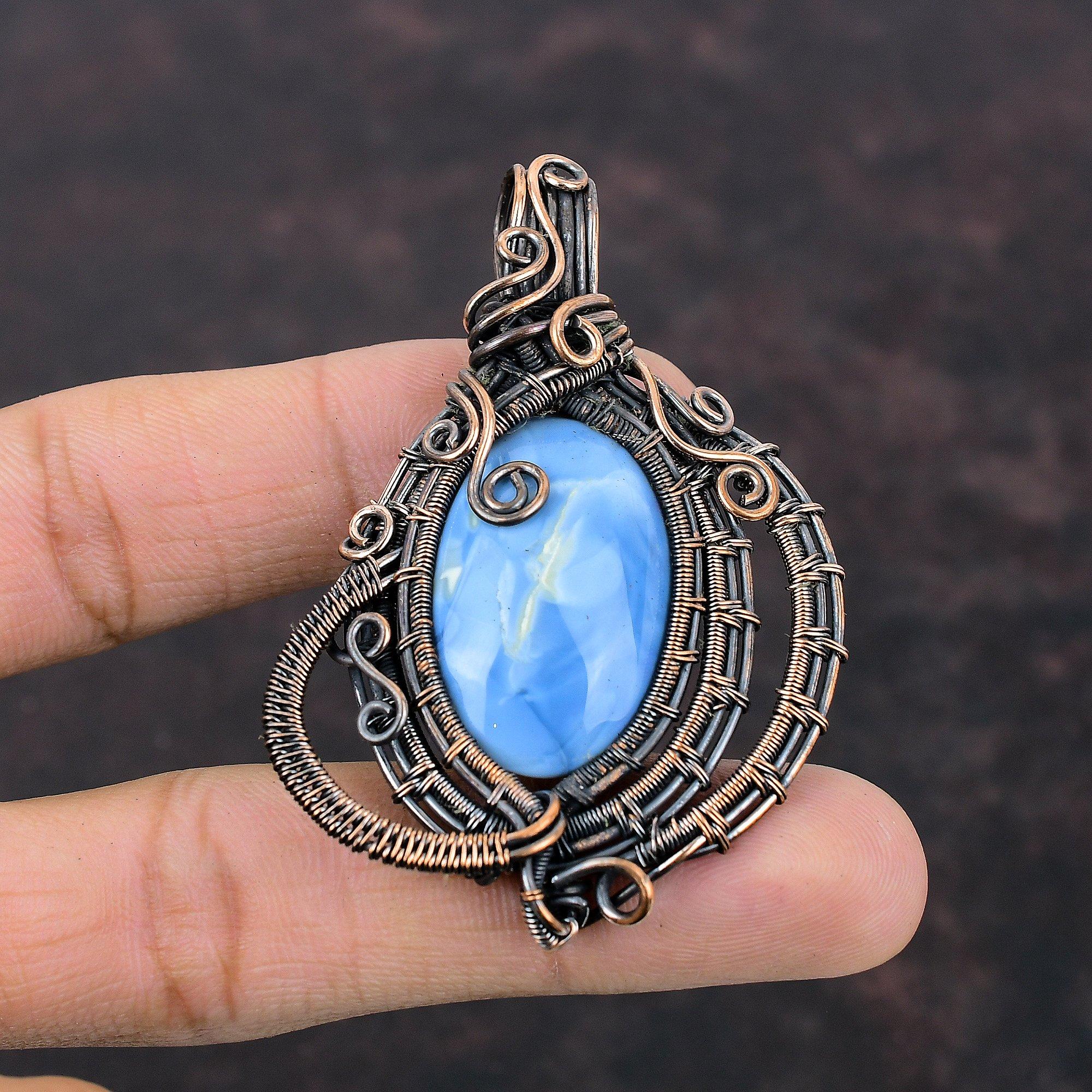 Подвеска из драгоценного камня Owyhee Blue Opal, подвеска из медной проволоки, ювелирное изделие ручной работы, дизайнерская подвеска для подарка, красивые медные украшения