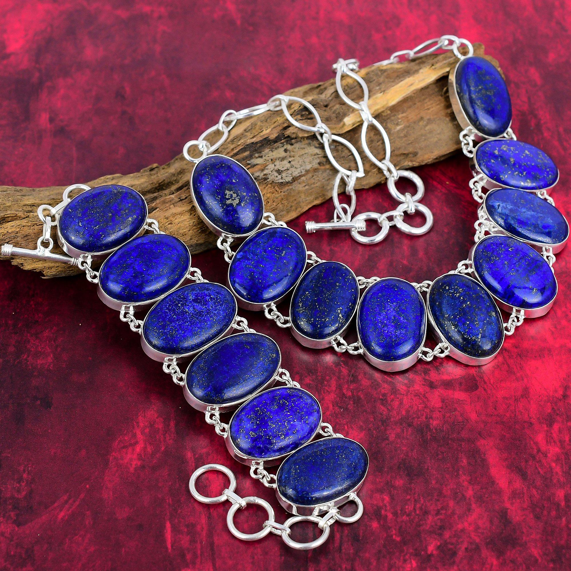 Лазурит из стерлингового серебра 925 пробы, ожерелье и браслет, комплект ювелирных изделий, прекрасный ювелирный подарок ручной работы для нее, комплект ювелирных изделий из драгоценных камней