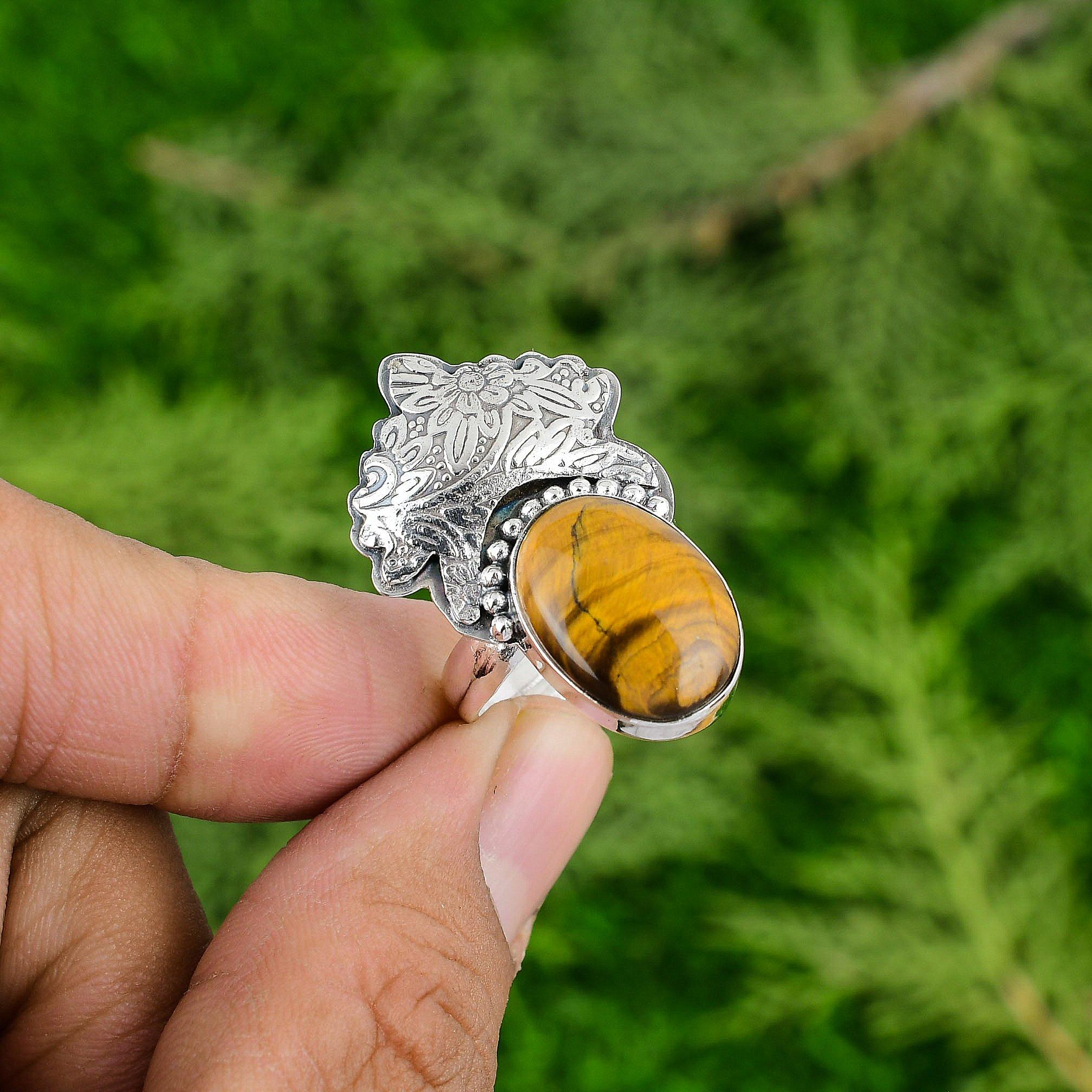 Sacral Chakra Natural Tigers Eye 925 Silver Wife Promise Artisan Stackable Ring
