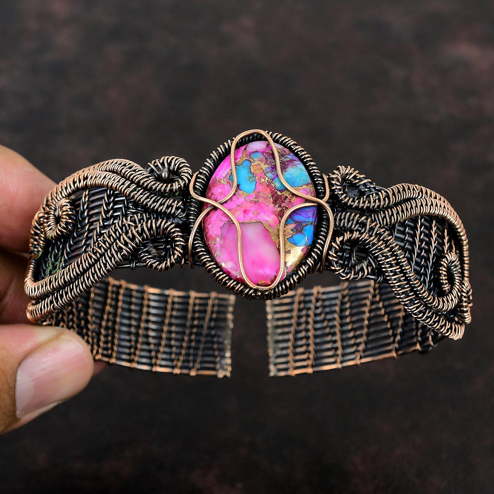 Браслет-манжета Kingman Pink Dahlia Turquoise с драгоценными камнями, браслет-манжета из проволоки, ручная работа, ювелирные изделия из медной проволоки, регулируемый браслет, подарок