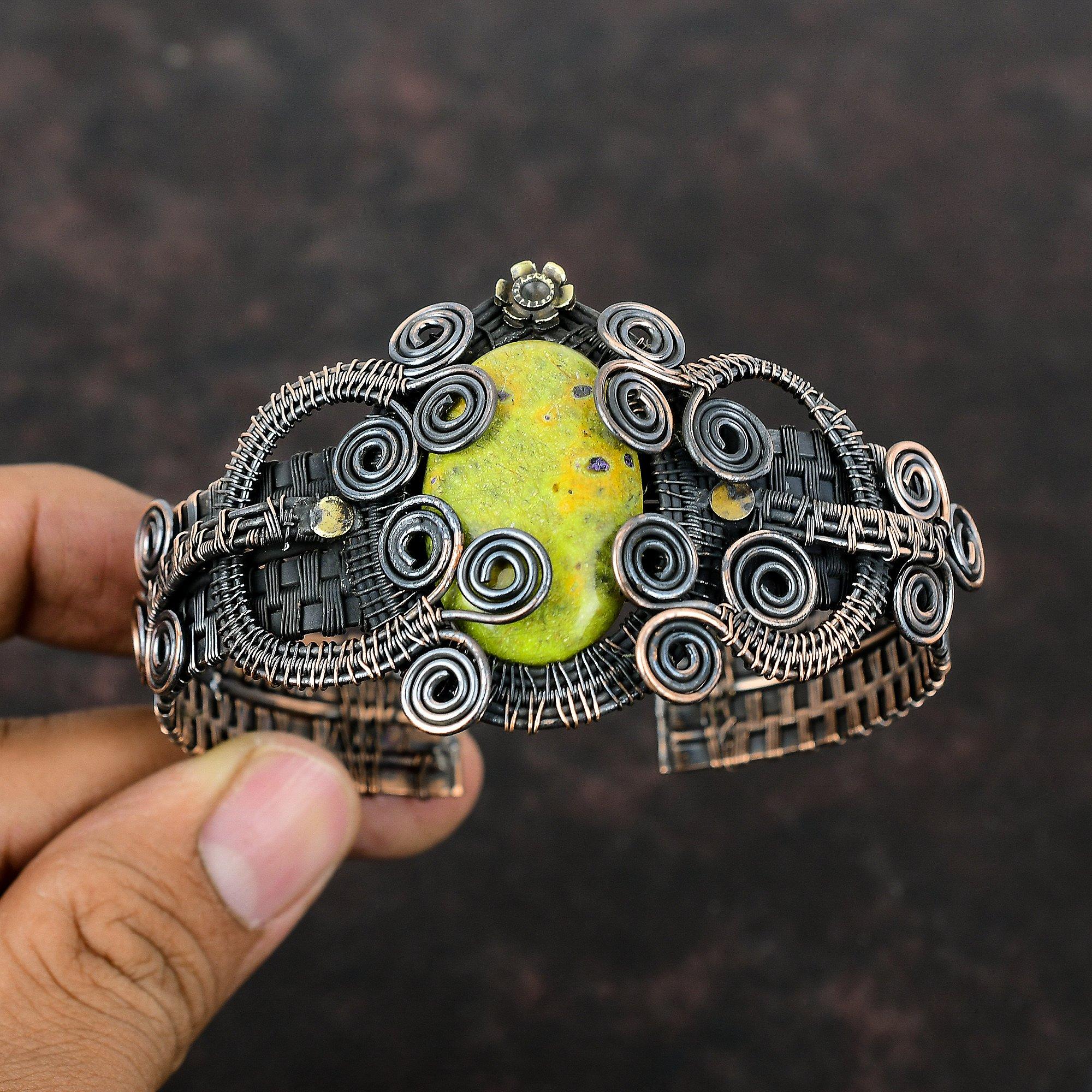 Стихтит Браслет-манжета Браслет из медной проволоки Регулируемый браслет-манжета Браслет из драгоценного камня Медная проволока Ювелирные изделия Браслет ручной работы Подарок для нее