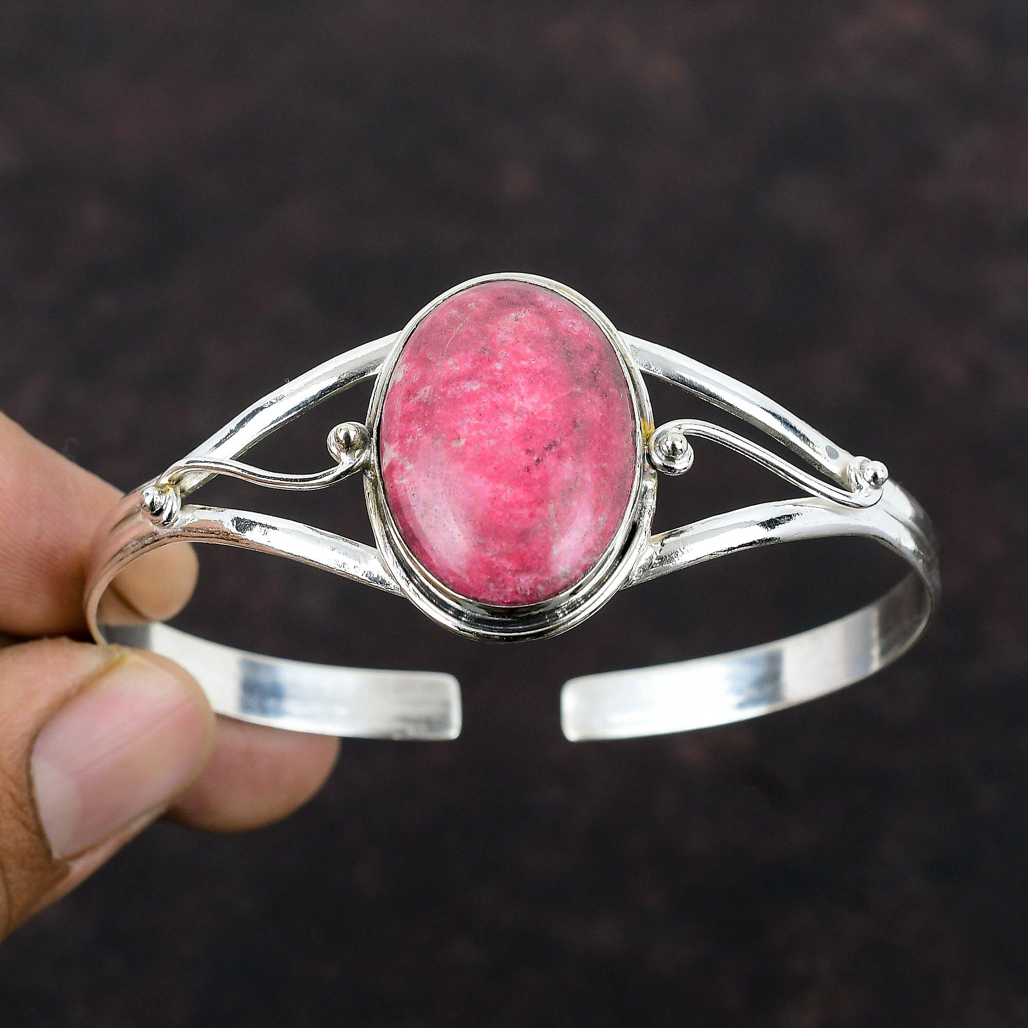 Браслет Thulite Браслет-манжета ручной работы из натурального драгоценного камня Стерлинговое серебро 925 пробы Регулируемый браслет-манжета Античный браслет для подарка Ювелирные изделия Thulite