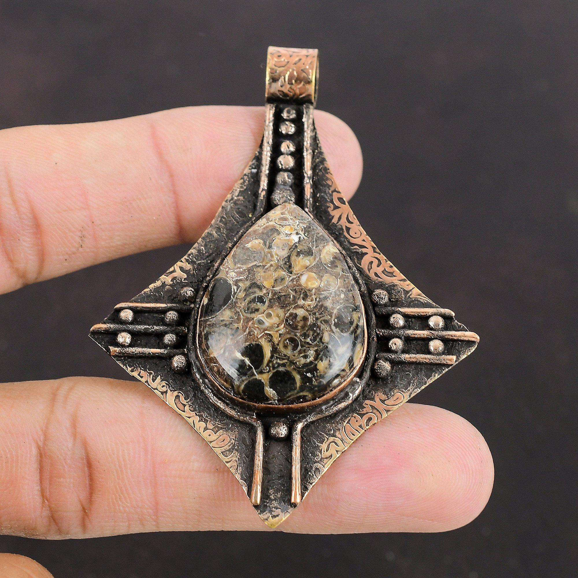 Подвеска с агатом Turritella, медный кулон, ювелирные изделия ручной работы с агатом Turritella, подвеска из настоящего драгоценного камня для женщин, изящные медные ювелирные изделия, подарок для нее