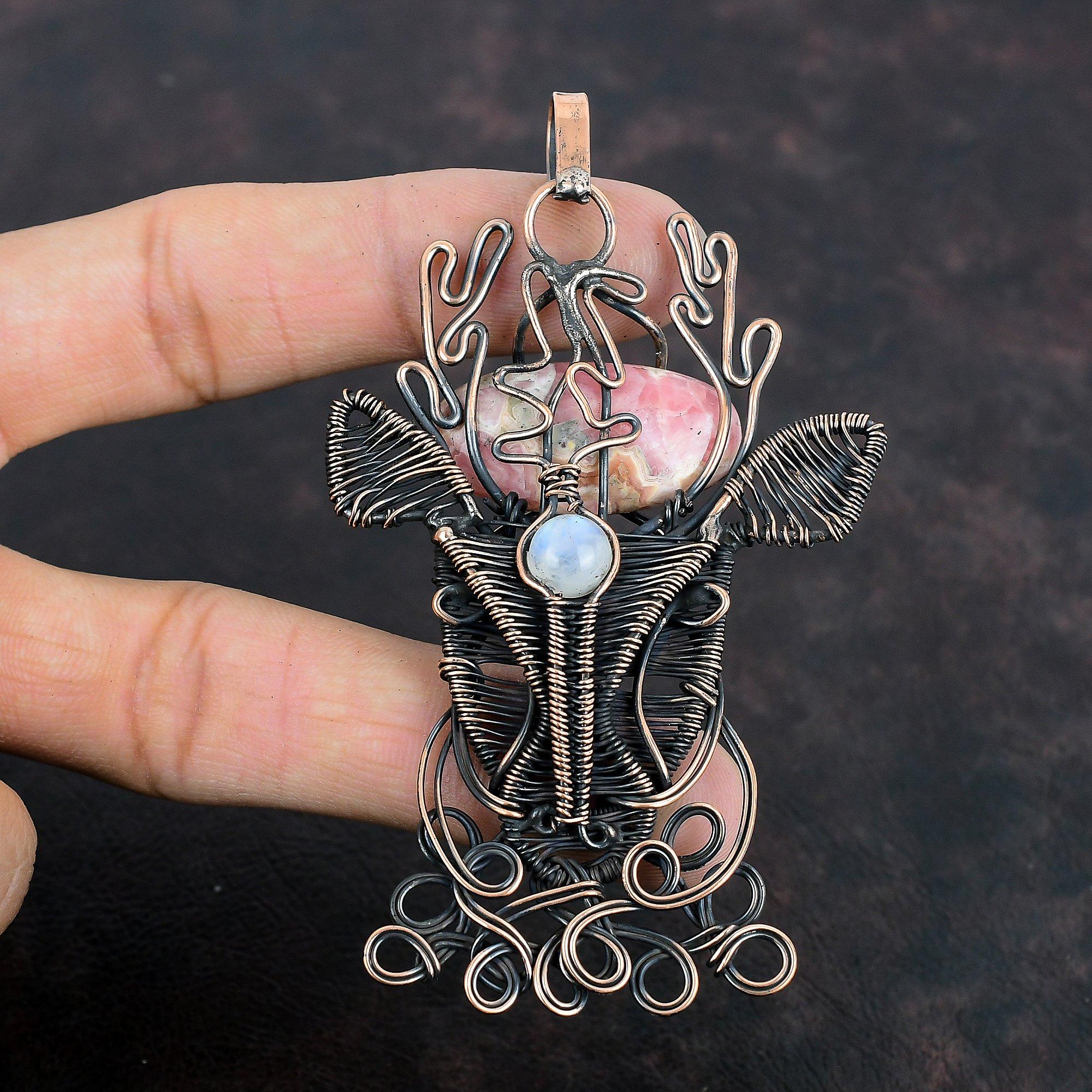 Подвеска из родохрозита, подвеска из радужного лунного камня, подвеска из медной проволоки, ювелирные изделия из драгоценных камней, подвеска в виде оленьей морды, подвеска ручной работы, подарок для нее