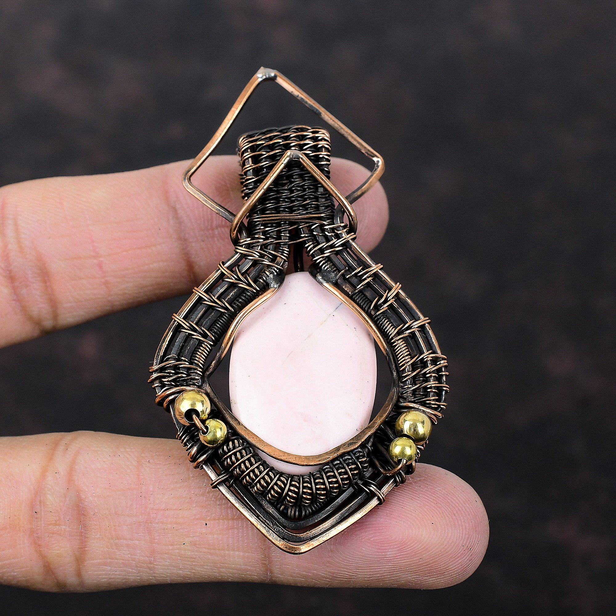 Розовый опаловый кулон, обернутый медной проволокой, ювелирное изделие ручной работы, подлинный драгоценный камень, обернутый медной проволокой, стильный кулон для подарка