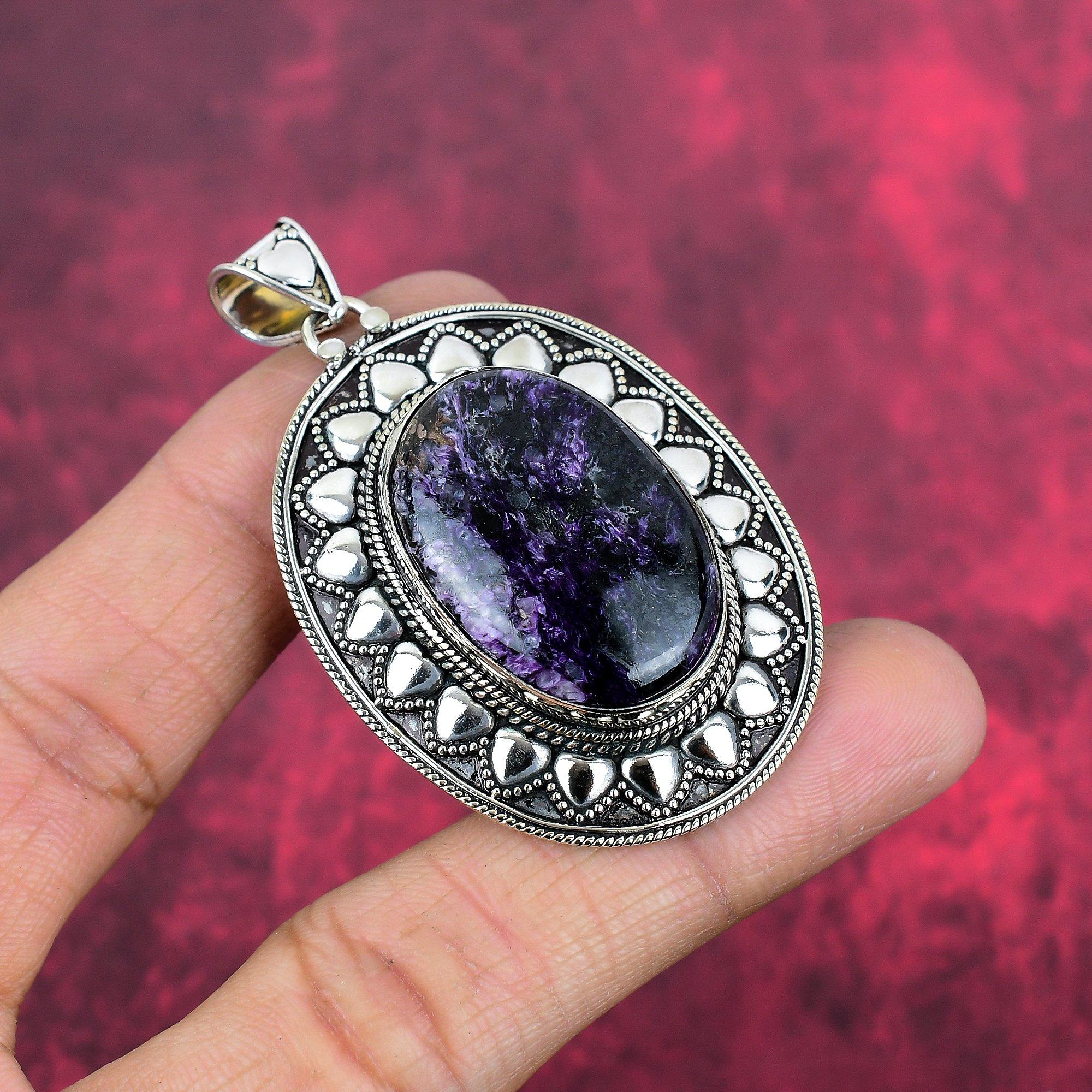 Подвеска из драгоценного камня чароит ручной работы, 925 пробы, серебряная подвеска, антикварная бижутерия, для подарка на помолвку