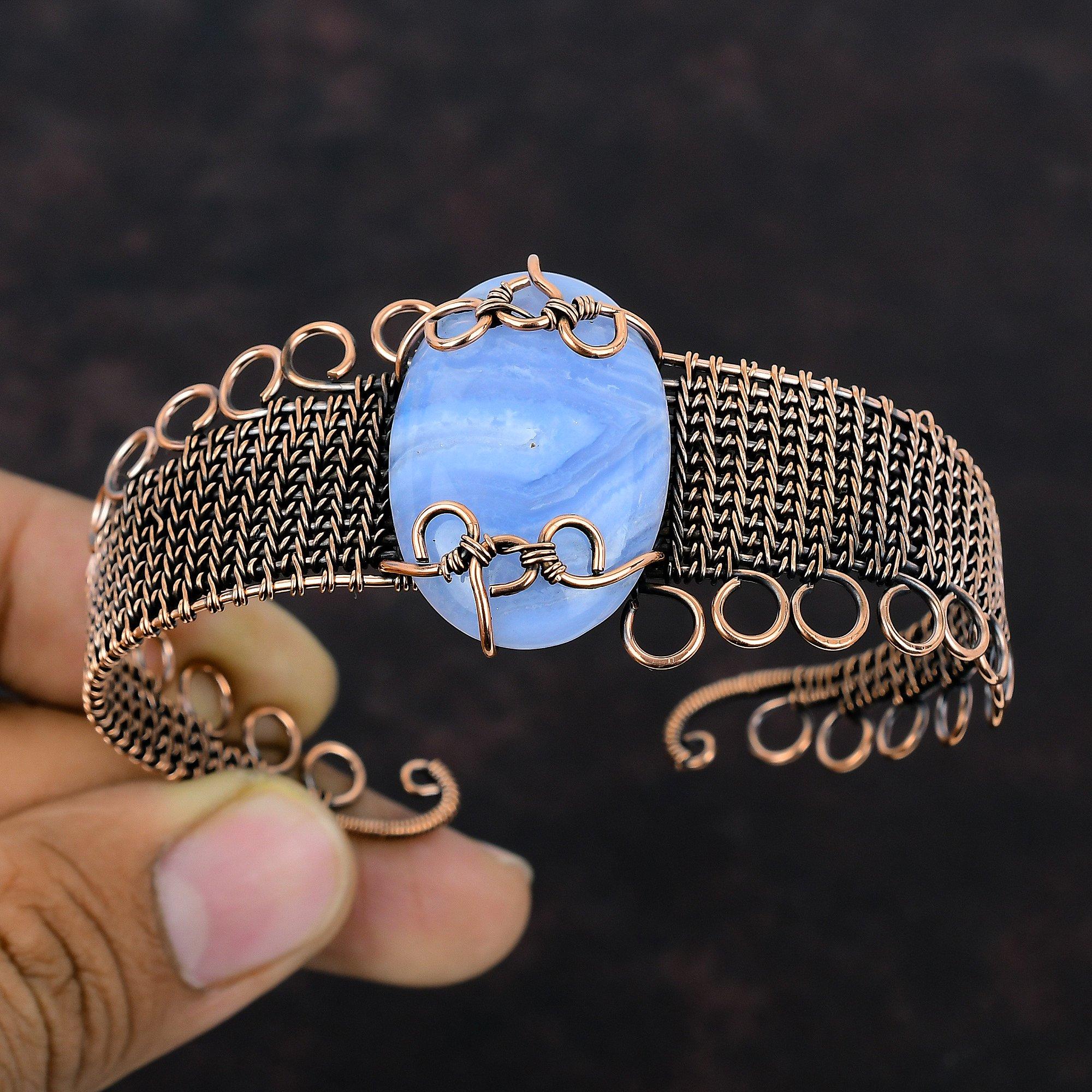Синий кружевной агатовый браслет-манжета, браслет из медной проволоки, браслет из проволоки ручной работы, регулируемый браслет-манжета, подарок для него, драгоценный камень, медные украшения
