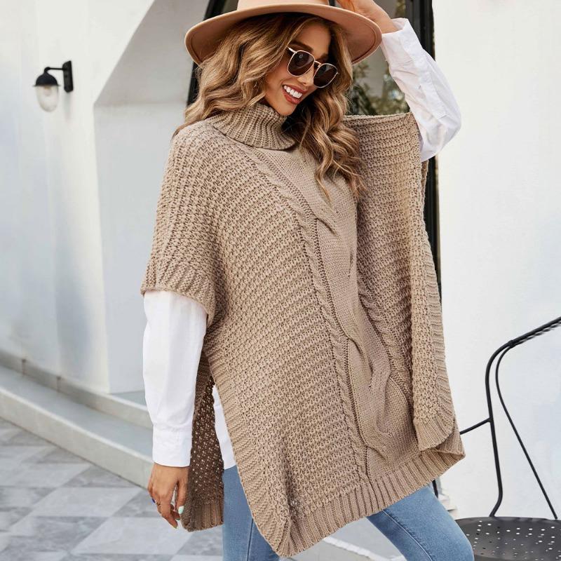 High Neck Knitted Shawl Crochet Fried Dough Twists Pattern Women's Loose Pullover Half Sleeved Sweater Casual Thick Warm Knitwear Autumn and Winter