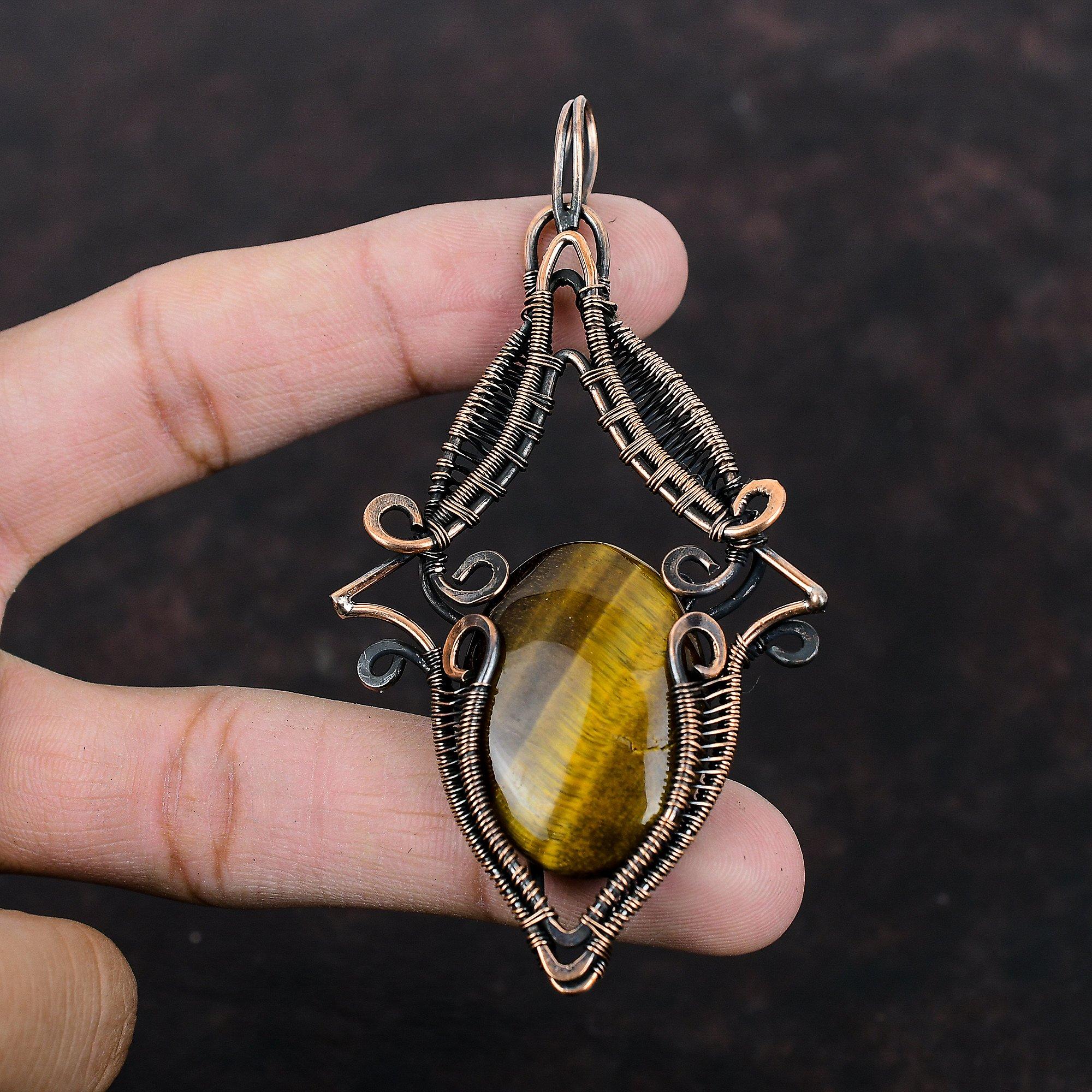 Кулон Тигровый глаз Кулон, обернутый медной проволокой Изящный драгоценный камень Кулон ручной работы Украшения из тигрового глаза Подарок на помолвку Украшения из медной проволоки