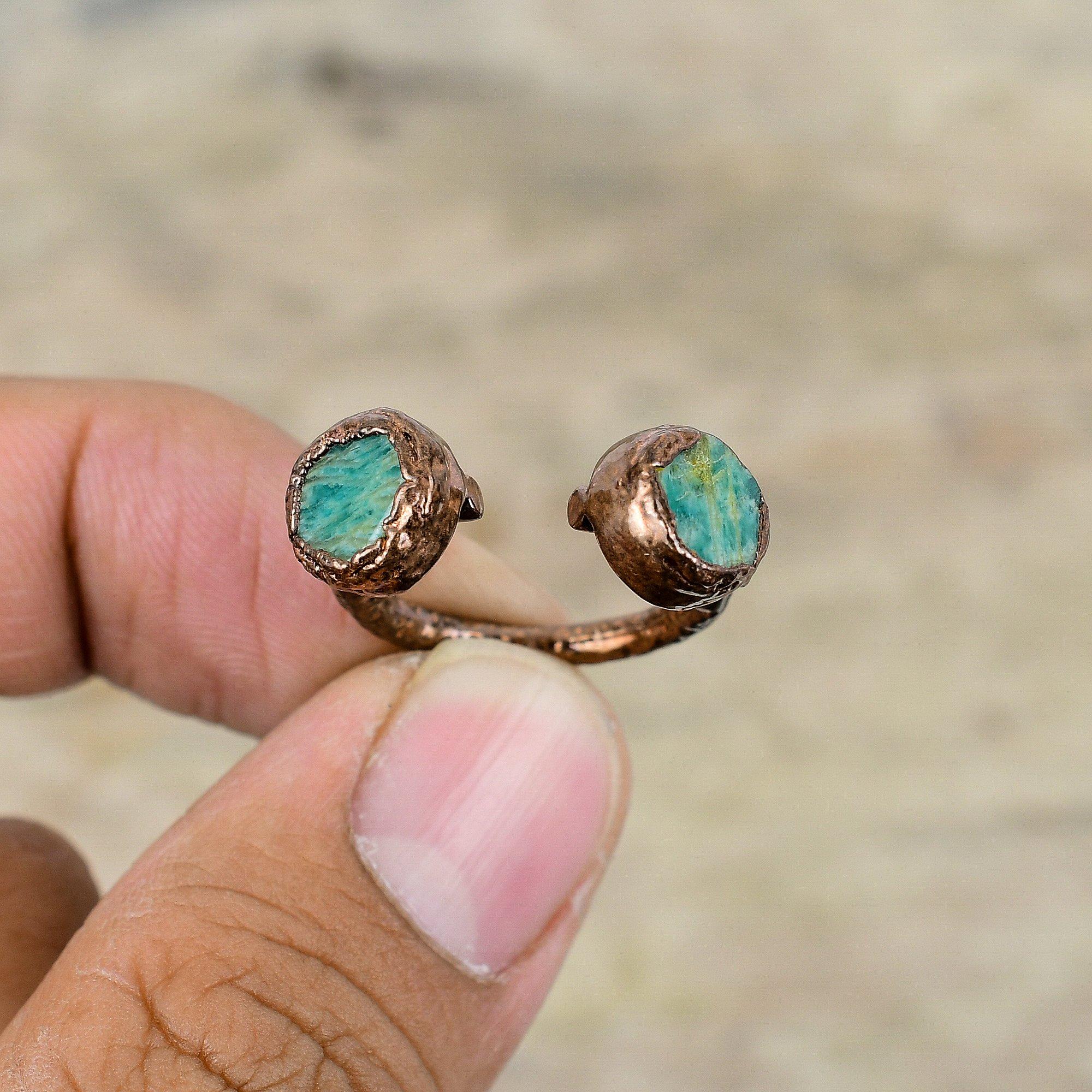 Кольцо с амазонитом, медное кольцо, изготовленное методом гальванопластики, ювелирные изделия с амазонитом ручной работы, регулируемое кольцо, красивые кольца с драгоценными камнями, ювелирные изделия, изготовленные гальваническим способом для подарка