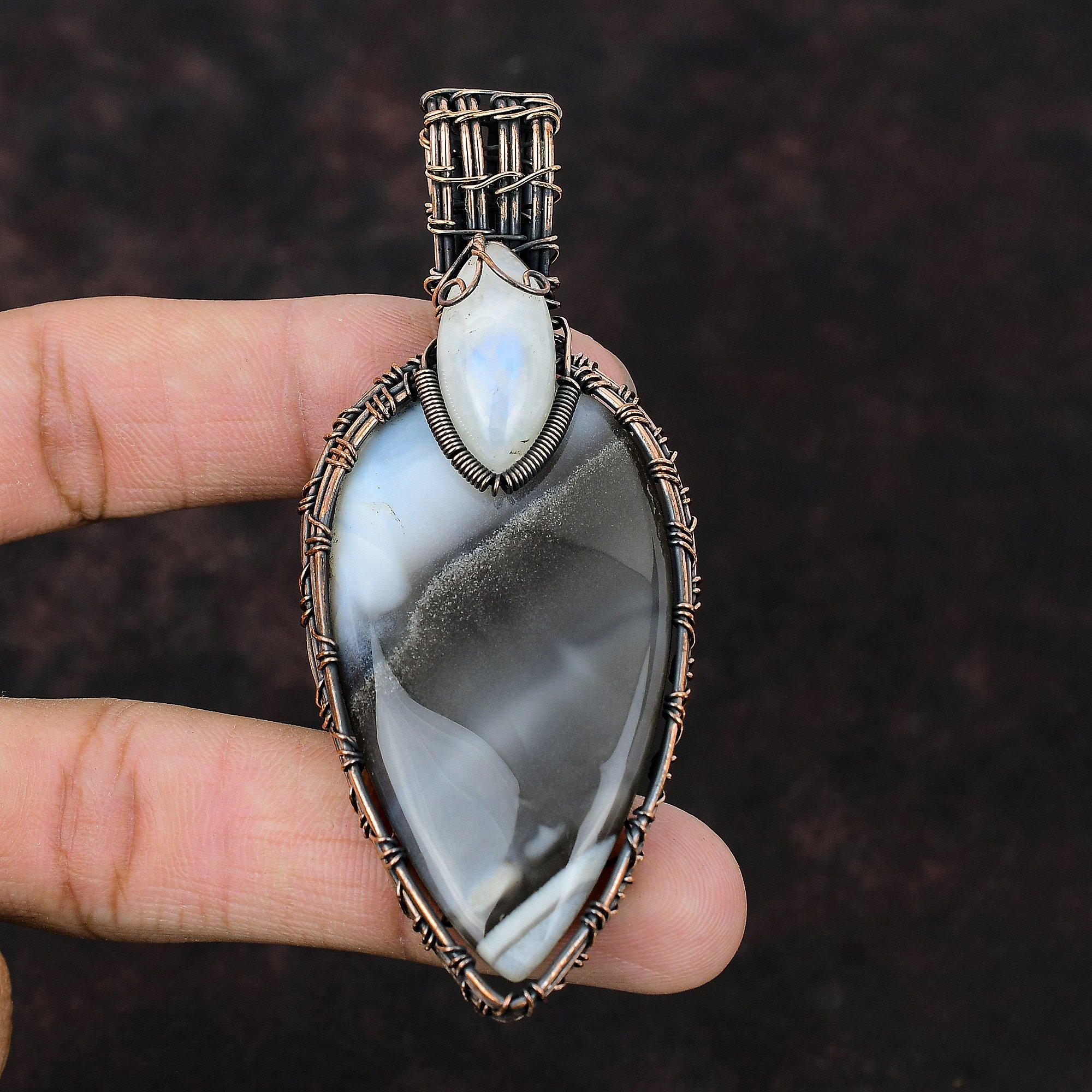 Owyhee Синий Опал Медная Проволока Обернутый Подвеска Ручной Работы Подвеска Из Драгоценного Камня Радуга Лунный Камень Медные Ювелирные Изделия Упаковка Камней Ювелирный Подарок Для Нее