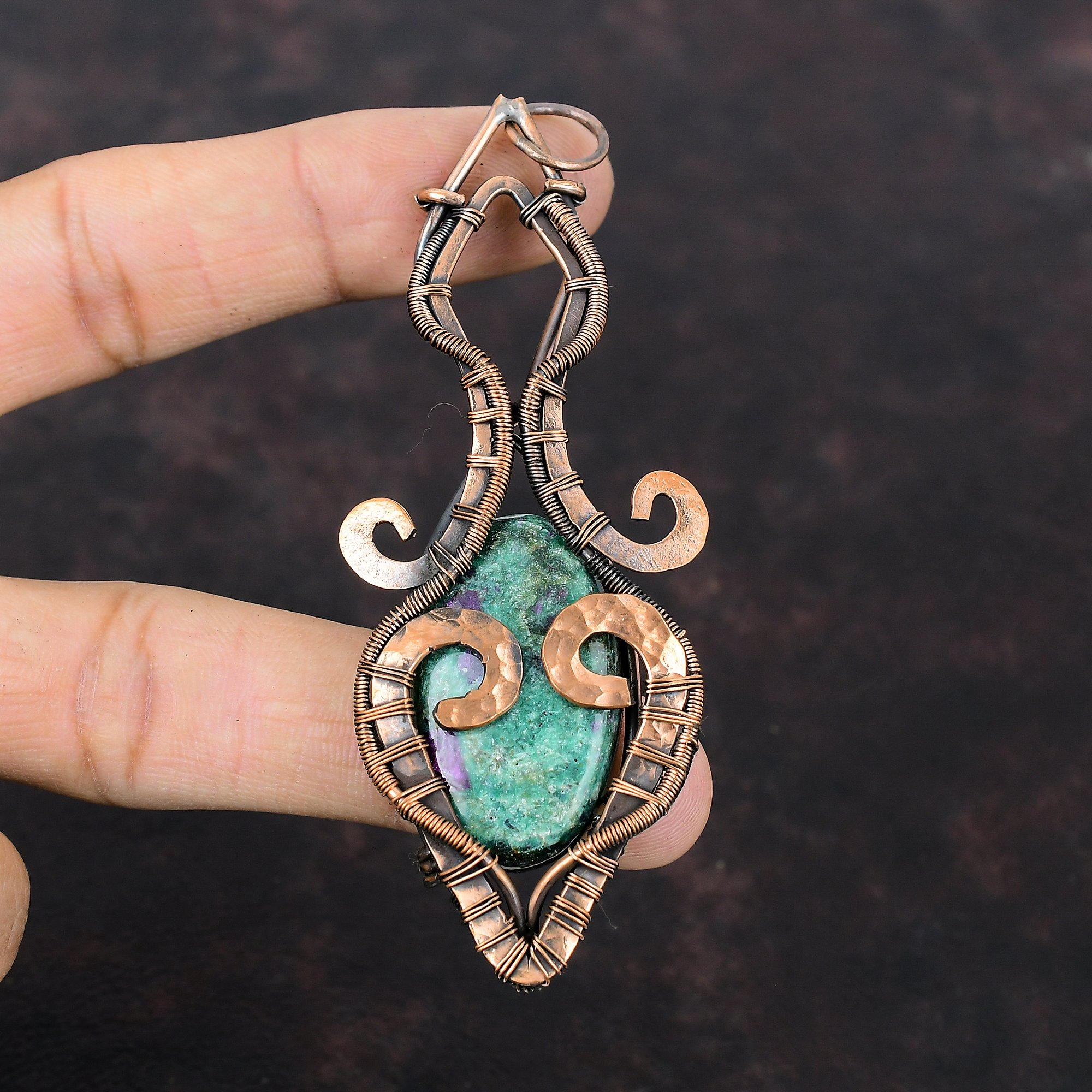 Кулон из рубина и фуксита, подвеска из медной проволоки, элегантный кулон, замечательные медные украшения ручной работы, оригинальный кулон из драгоценного камня, подарок для женщин