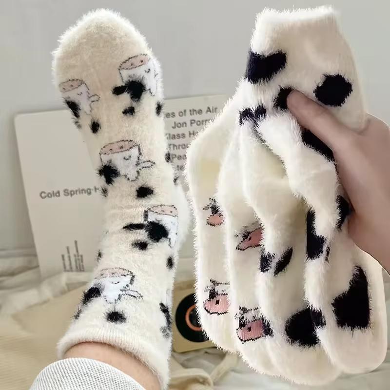 3 Pairs Cute Cow Spots Print Sock Thickened Warm Coral Fleece Women's Socks