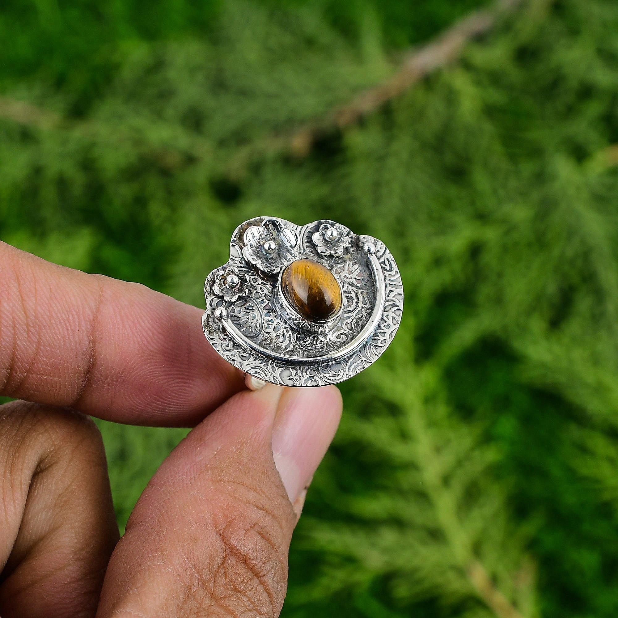 925 Silver Oval Tigers Eye Stone Bezel New Statement Flower Sister Ring Jewelry