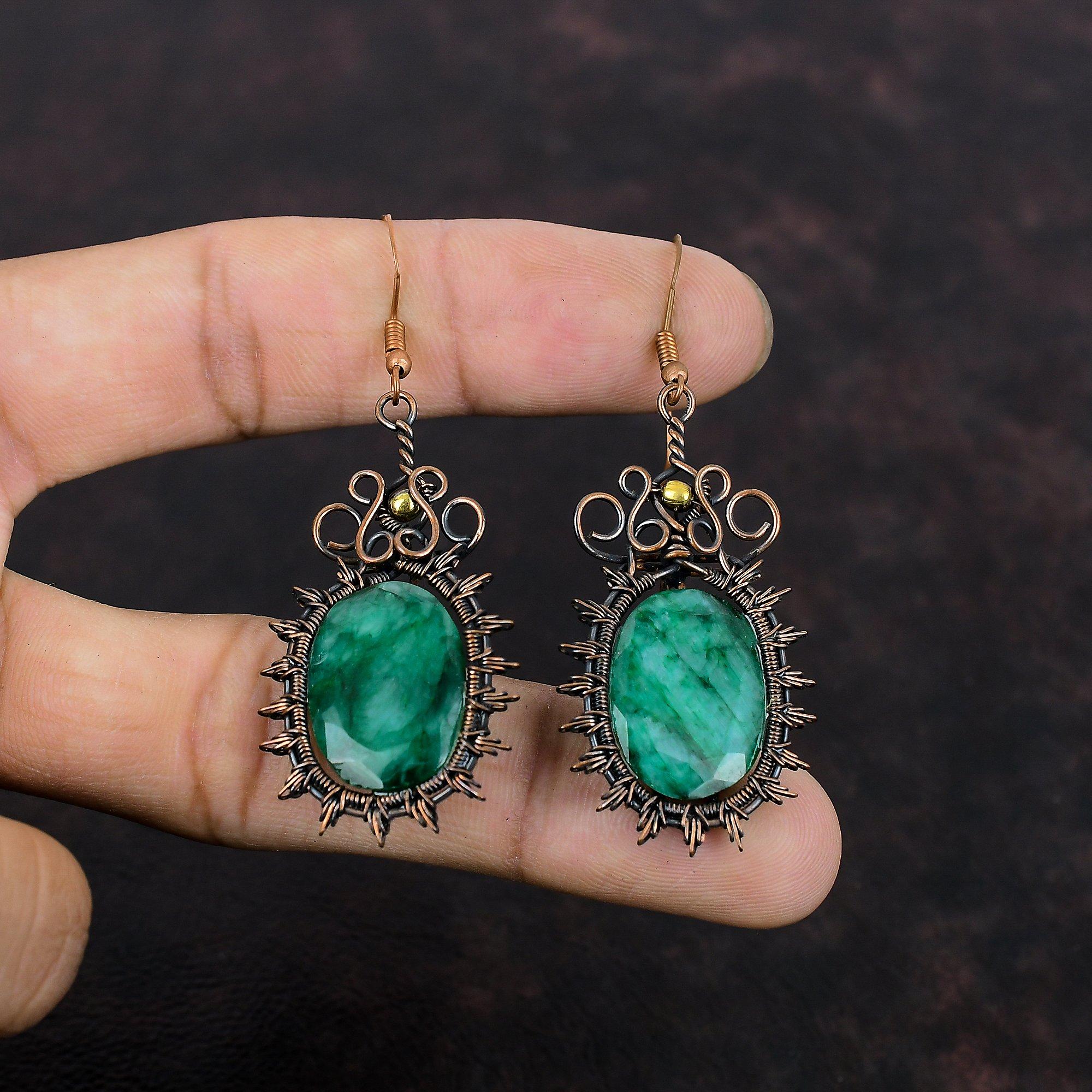 Серьги с ограненным замбийским изумрудом, серьги с медной проволокой, замечательные серьги с драгоценными камнями, медные украшения для подарка, украшения ручной работы из проволоки