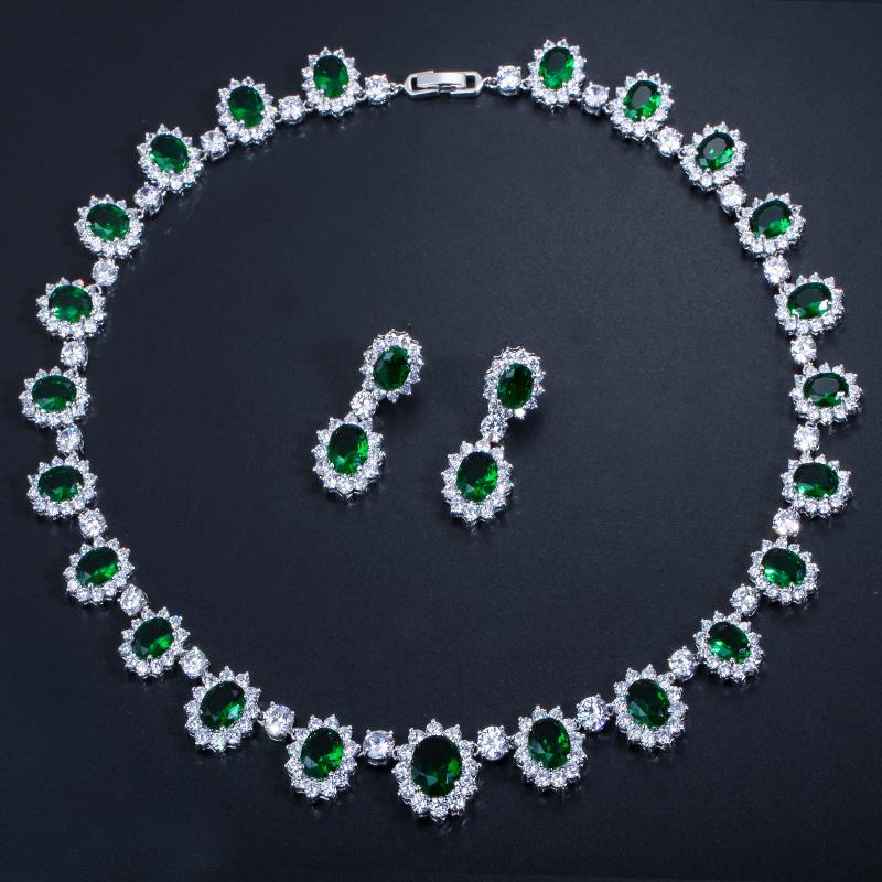 CMM High Quality Emerald Color Zirconia Women's Party Jewelry Earrings Necklace Set