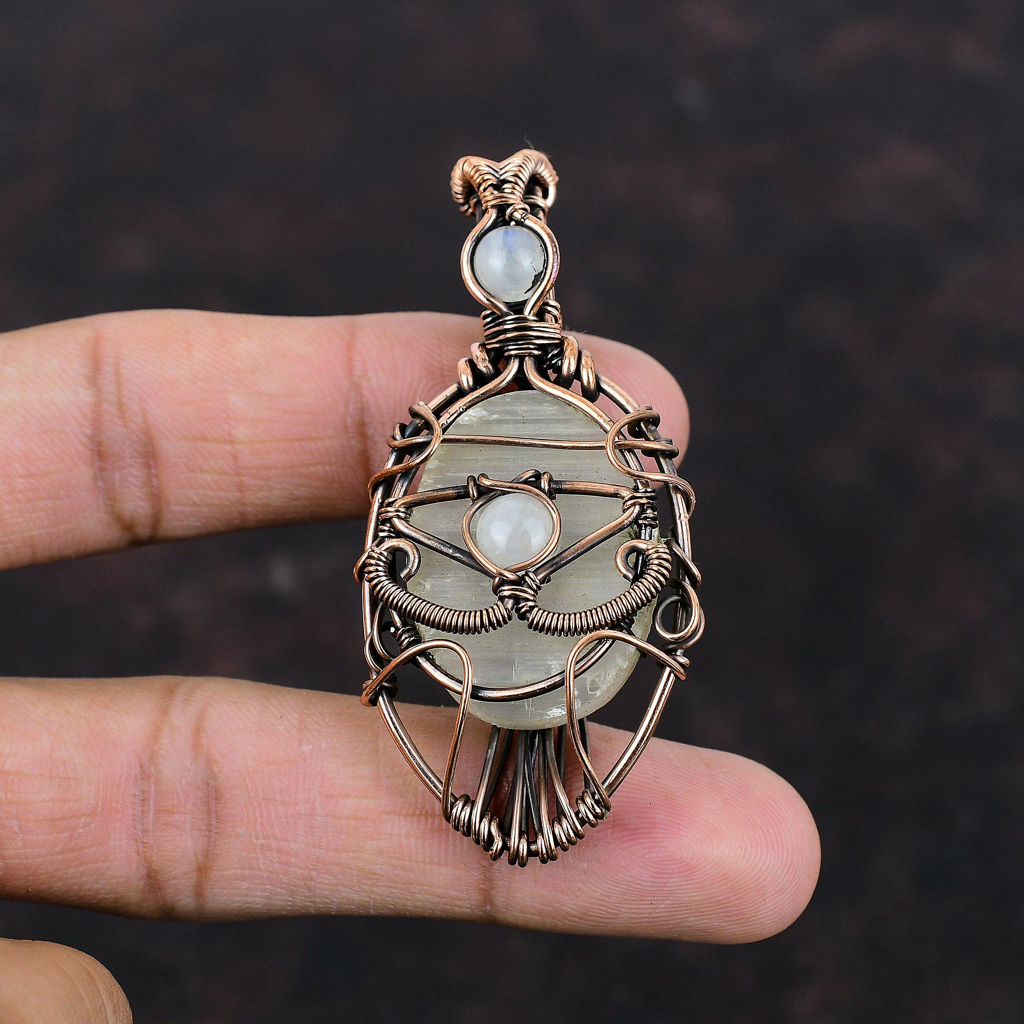Кулон "Сглаз" Селенит Друзы Медная проволока Обернутый кулон с драгоценным камнем Ювелирные изделия "Сглаз" Подвеска из лунного камня ручной работы Подарок для нее Медные украшения