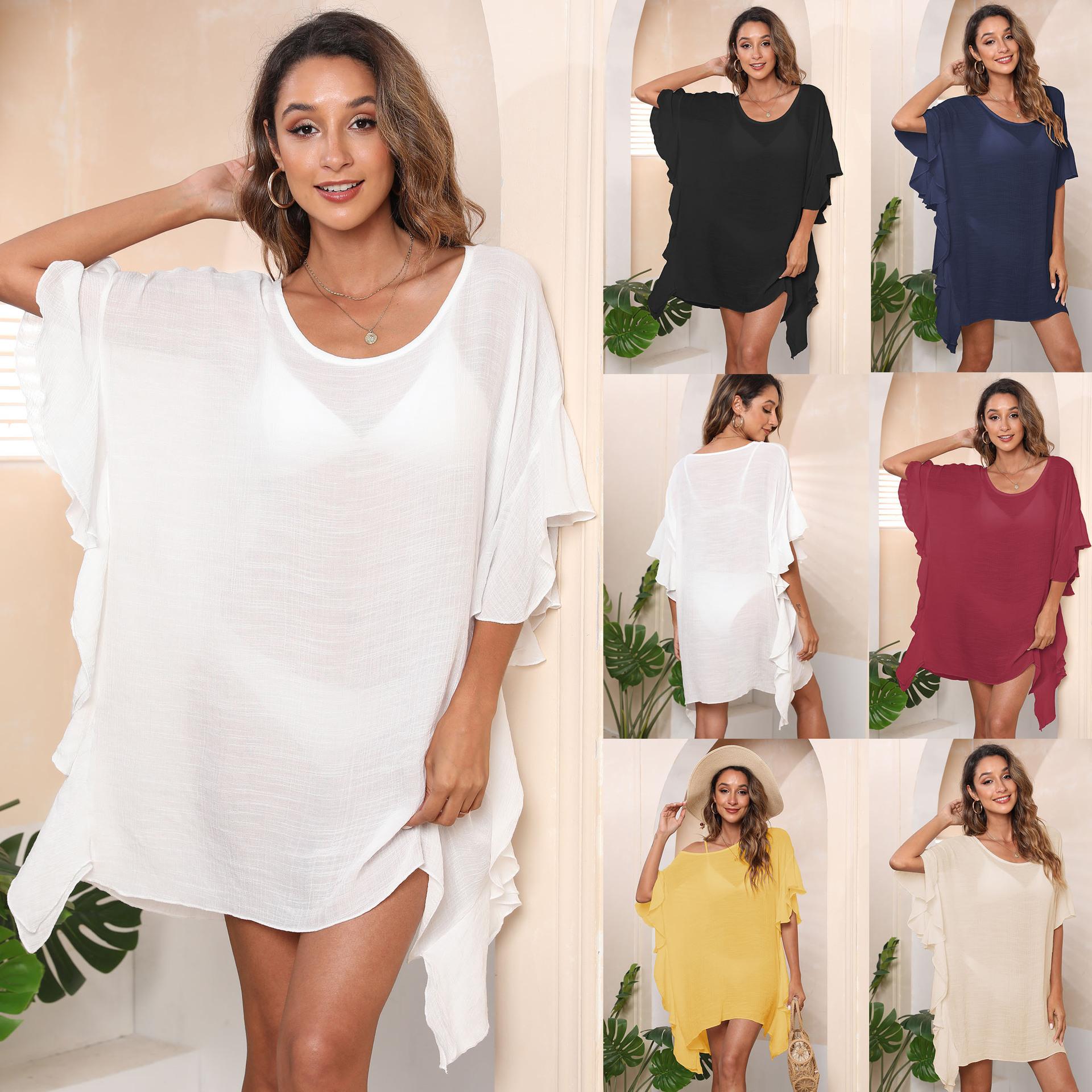 Women's Dress Plus Size Ruffle Solid Color Simple Loose Beach Bikini Cover-Up Swimwear Cover-Ups