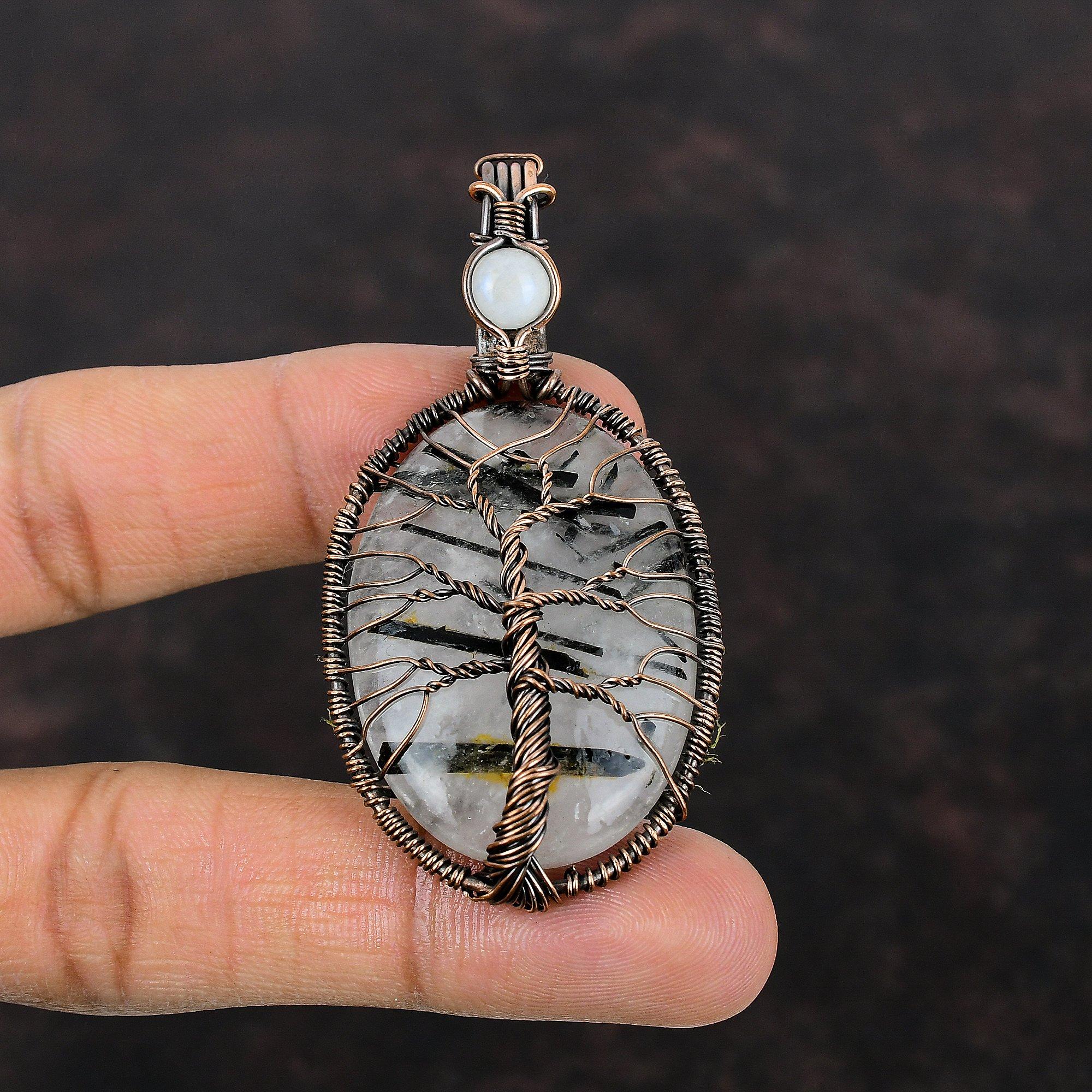 Подвеска из черного рутилового драгоценного камня «Дерево жизни», обернутая медной проволокой, изящная подвеска из радужного лунного камня, подарок для нее, медная подвеска ручной работы