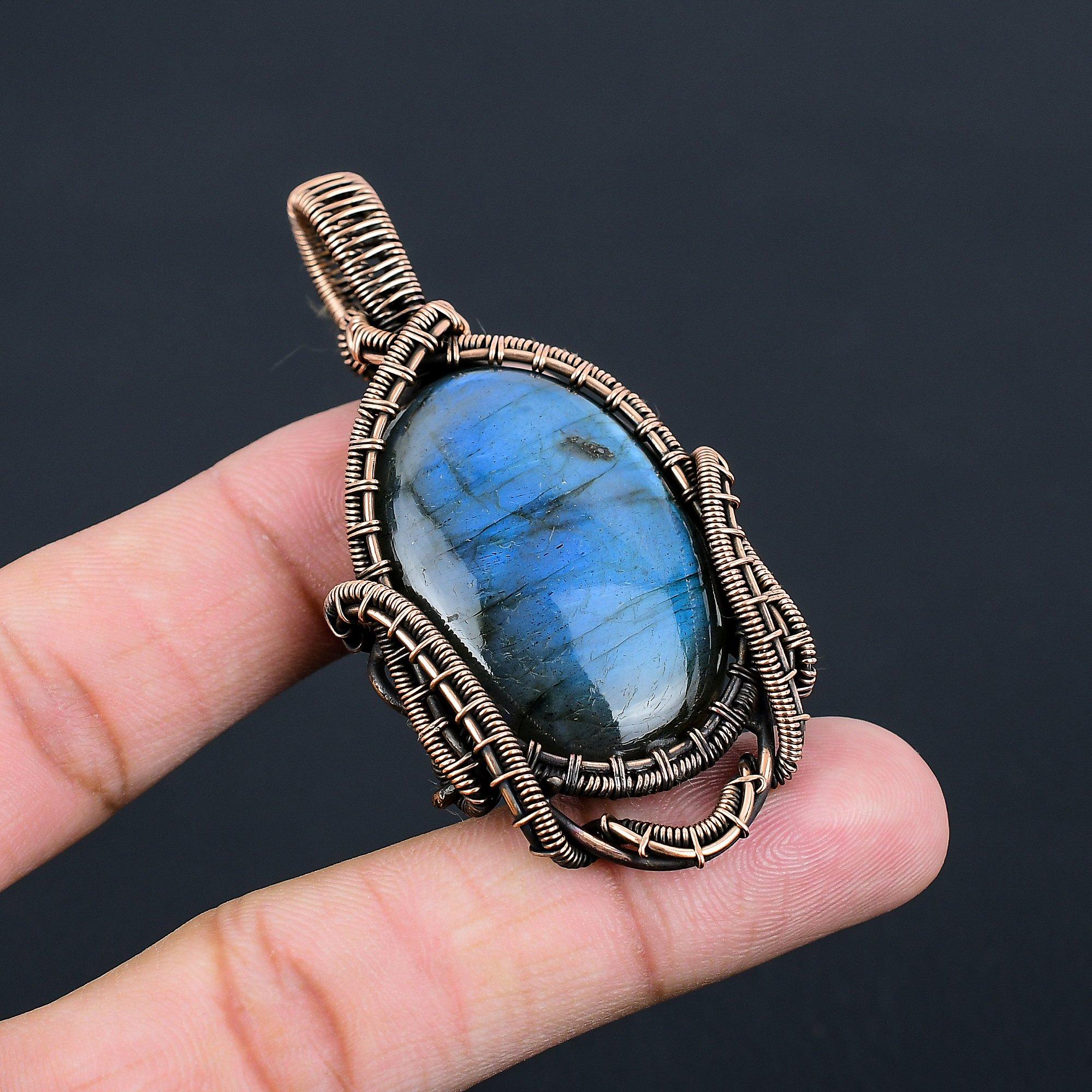 Подвеска из драгоценного камня лабрадорит из чистой медной проволоки, обернутая ювелирными изделиями ручной работы