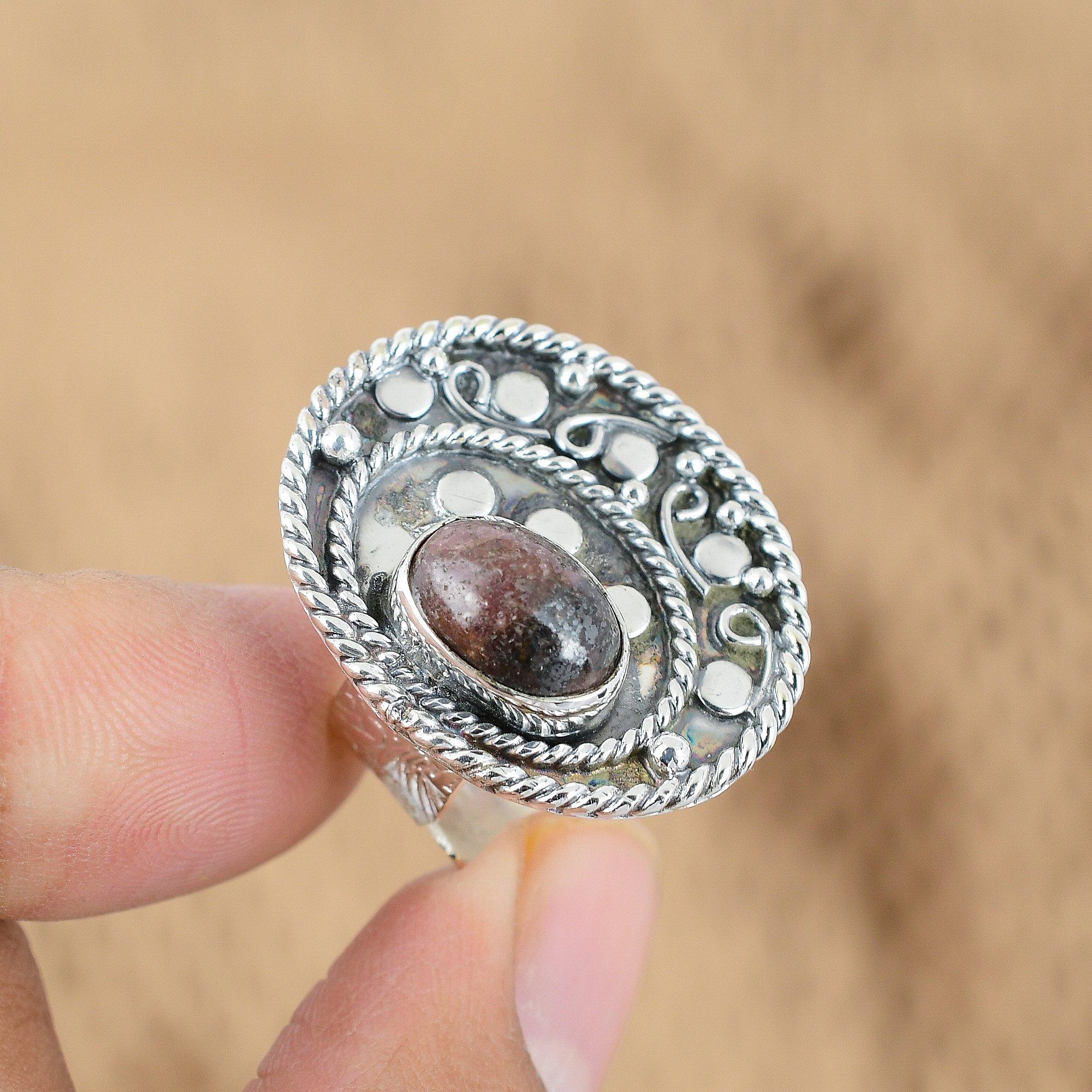 Natural Rhodonite Gemstone 925 Sterling Silver Promise Adjustable Ring For Women