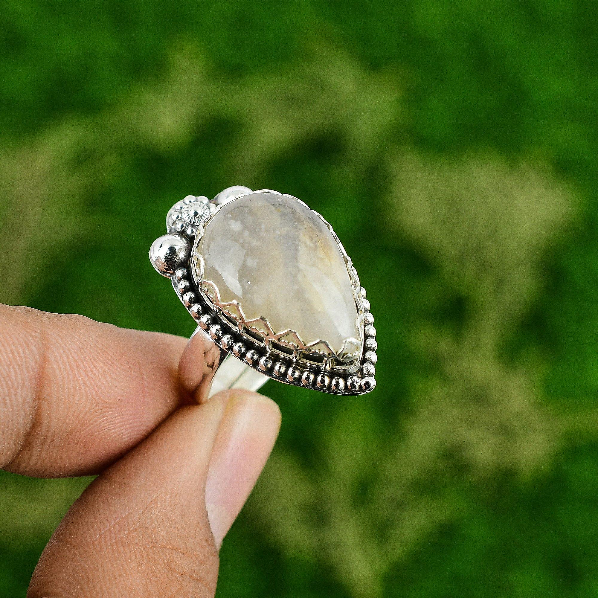 925 Sterling Silver Natural Plume Agate Bezel New Statement Wedding Ring Jewelry