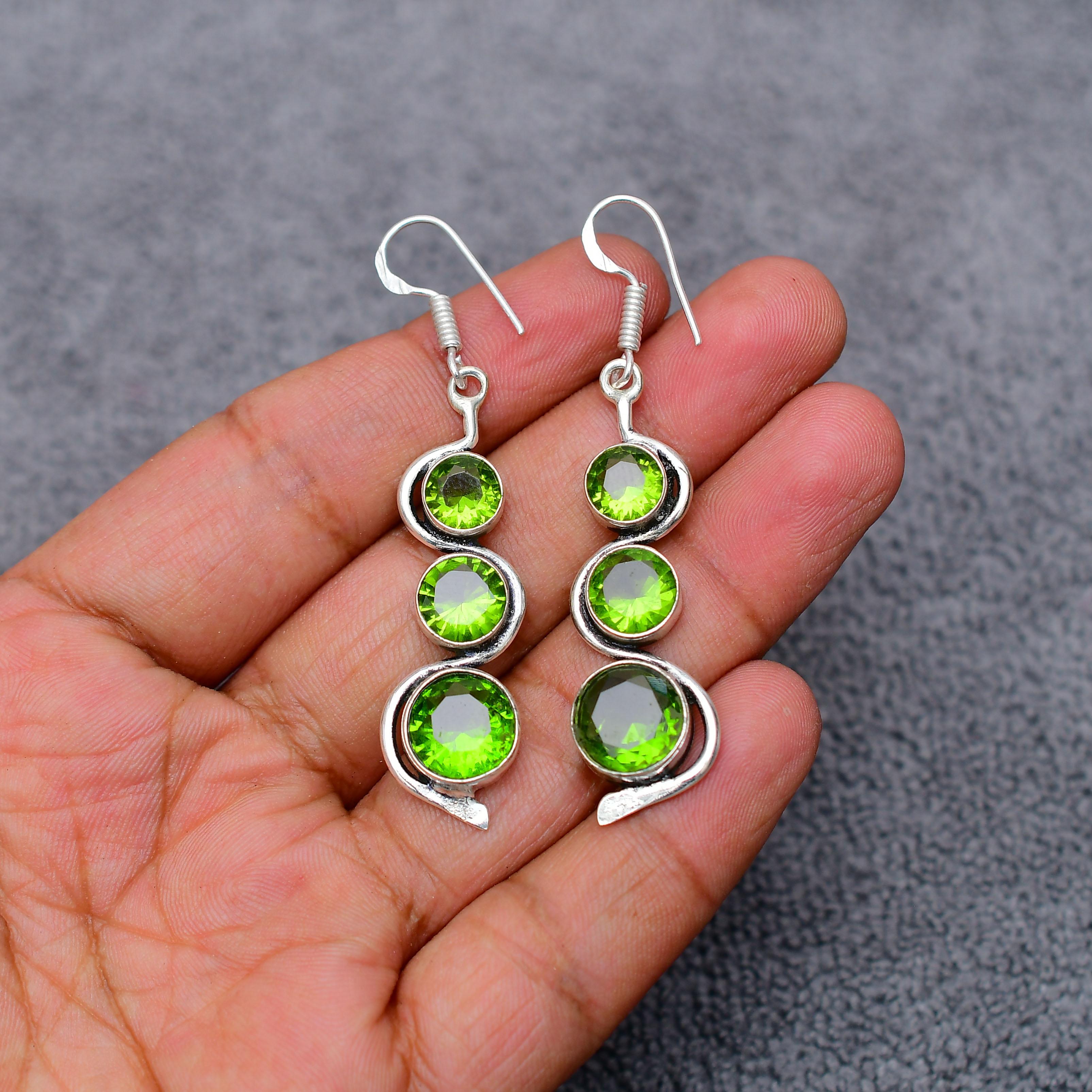 Peridot Gemstone : 925 Sterling Silver Handmade Long Earring's Jewelry