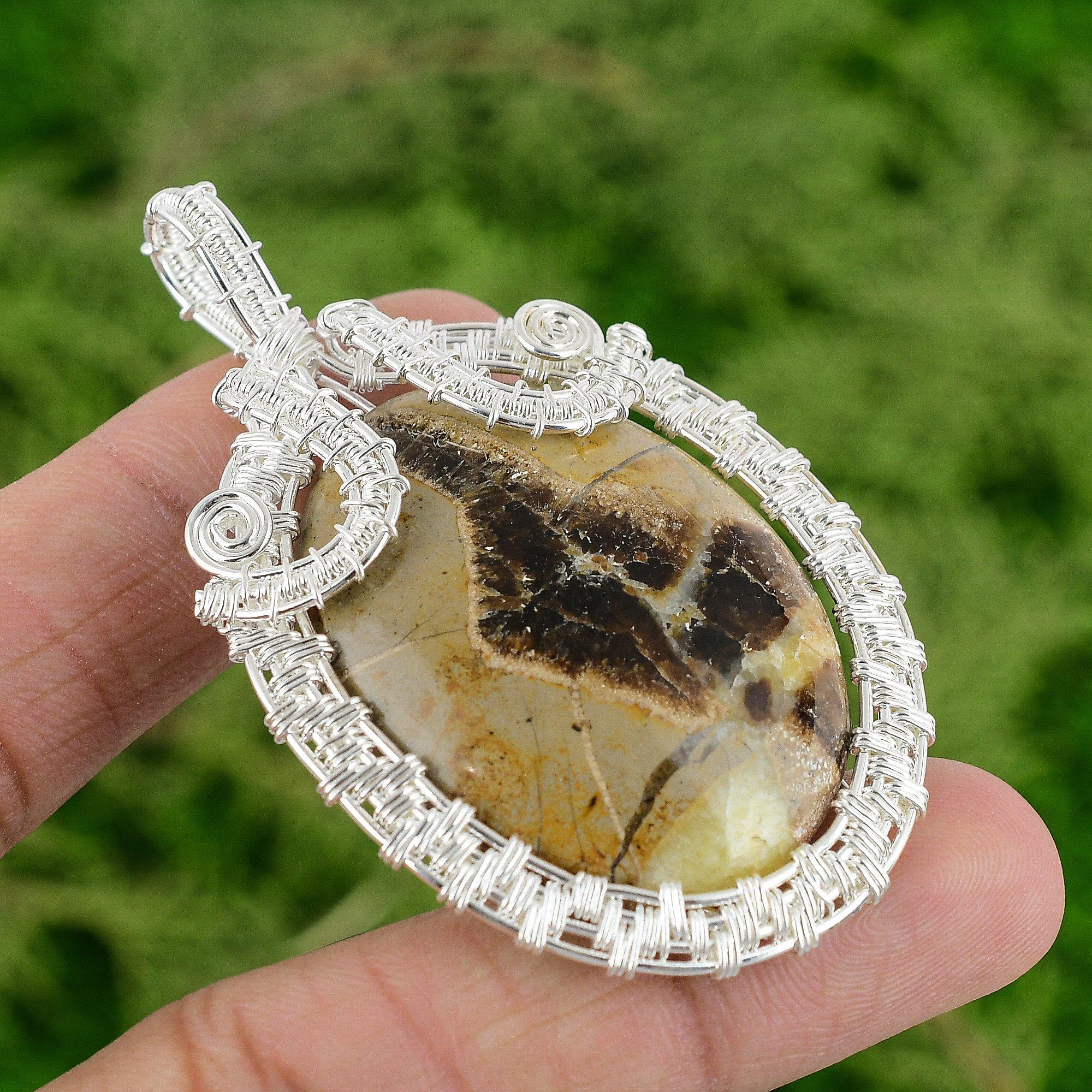 Sterling Silver Septarian Stone Mother Ethnic Wire Wrapped Bezel Pendant Jewelry