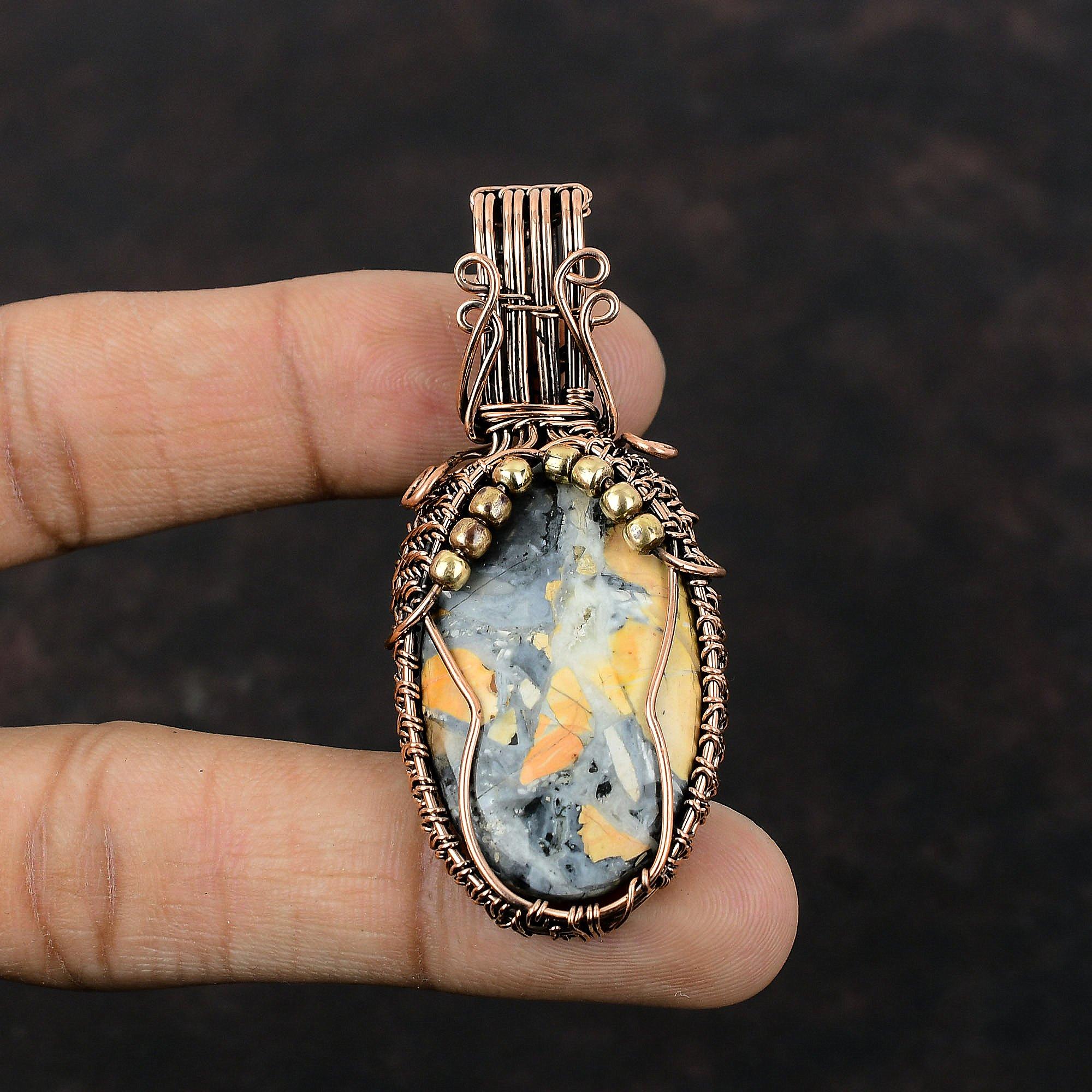 Подвеска из яшмы Малигано, обернутая медной проволокой, Ювелирные изделия из драгоценных камней, Медная подвеска, Подарок для мамы, Подвеска, обернутая проволокой, Украшения ручной работы, Стильная подвеска