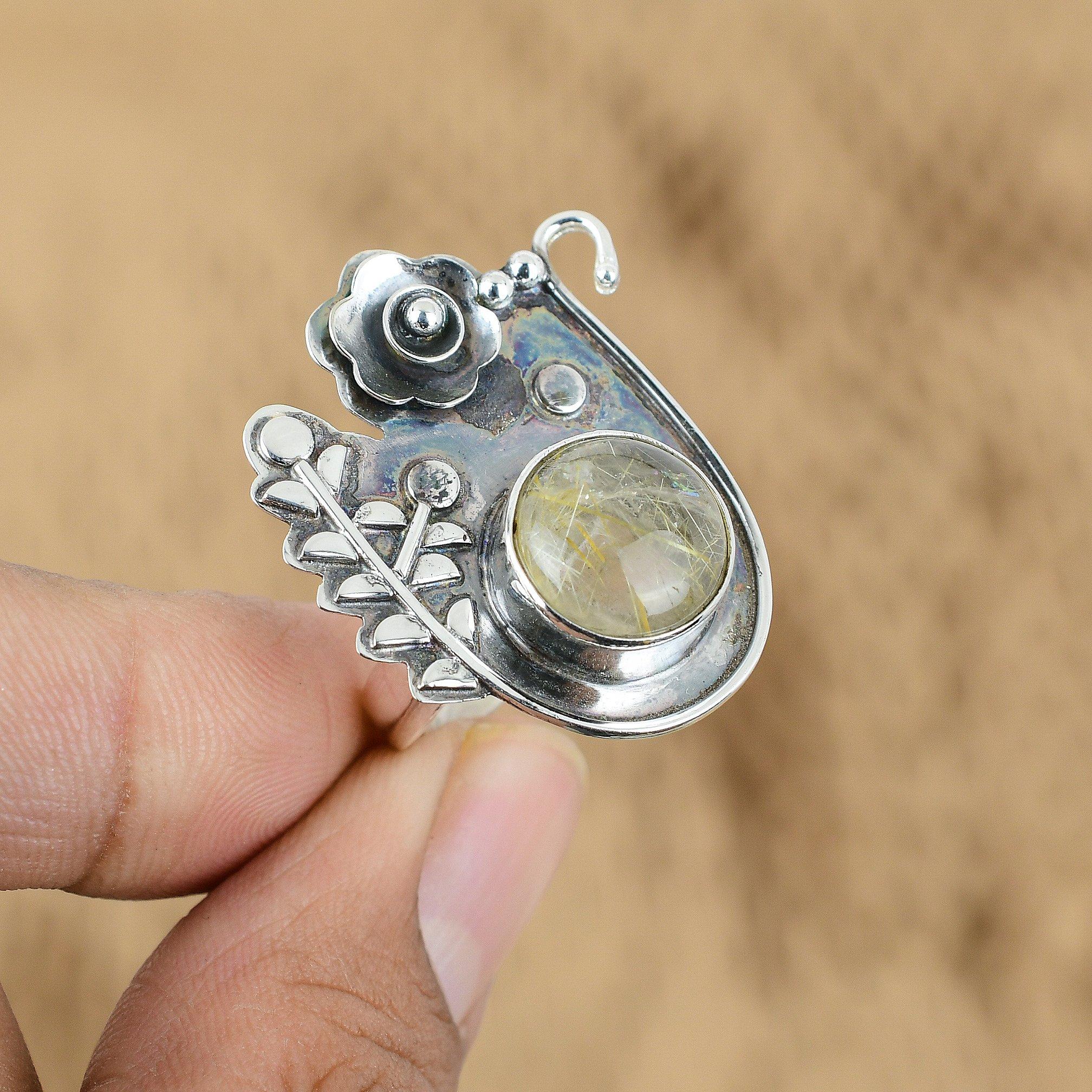 Natural Golden Rutile 925 Silver Promise Flower Adjustable Ring For Women